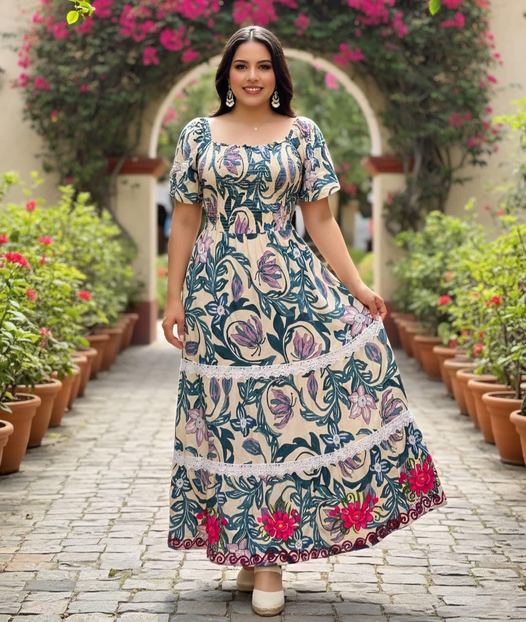 Mexican Floral Dress – Teal/Greenish Floral print fabric Dress –Artisan Embroidered Rose Dress – Boho long Dress – Folk long Dress for Women