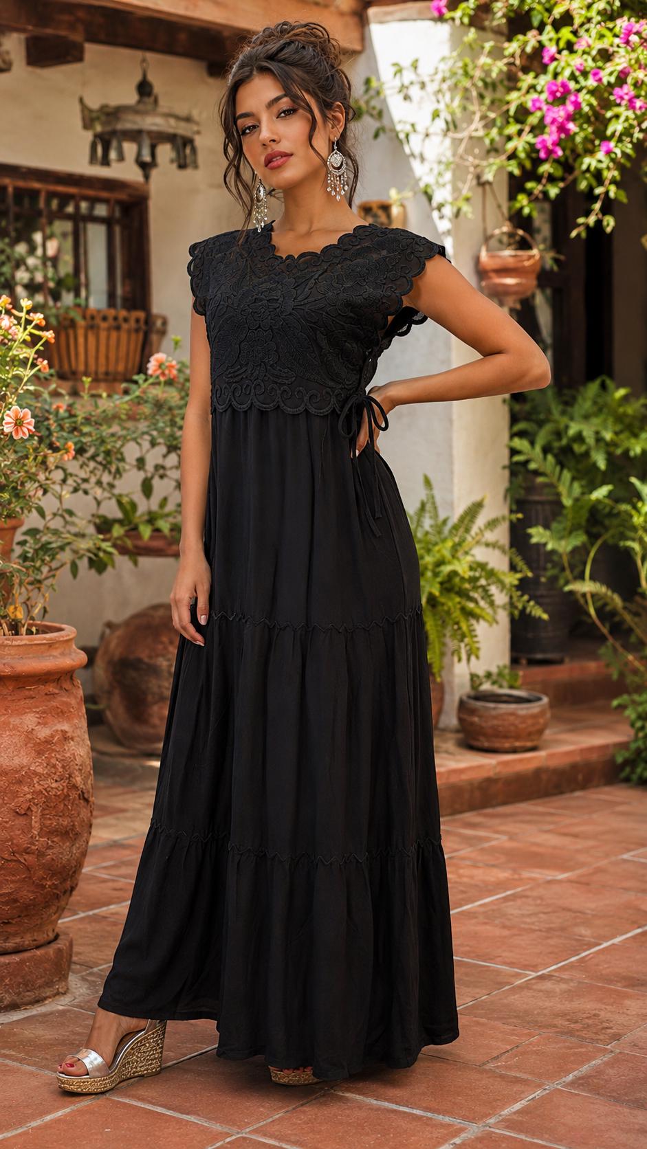 Ximena – Handmade Black Oaxacan Huipil Dress | Artisan Mexican Embroidered Maxi Dress | Elegant Boho Fiesta Dress