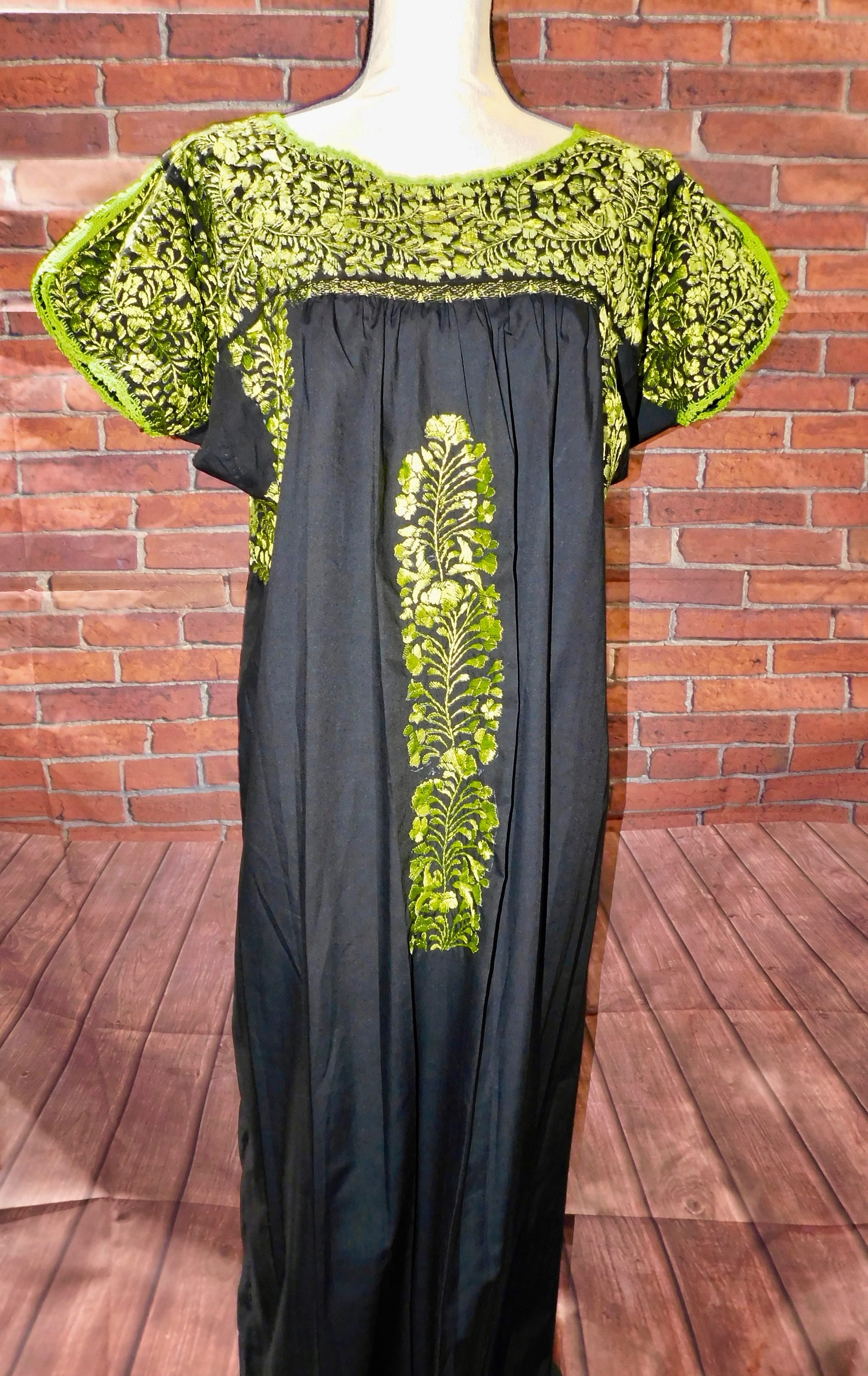 Image of Gorgeous Black SanTonino Dress with exquisite Lime Green Embroidery