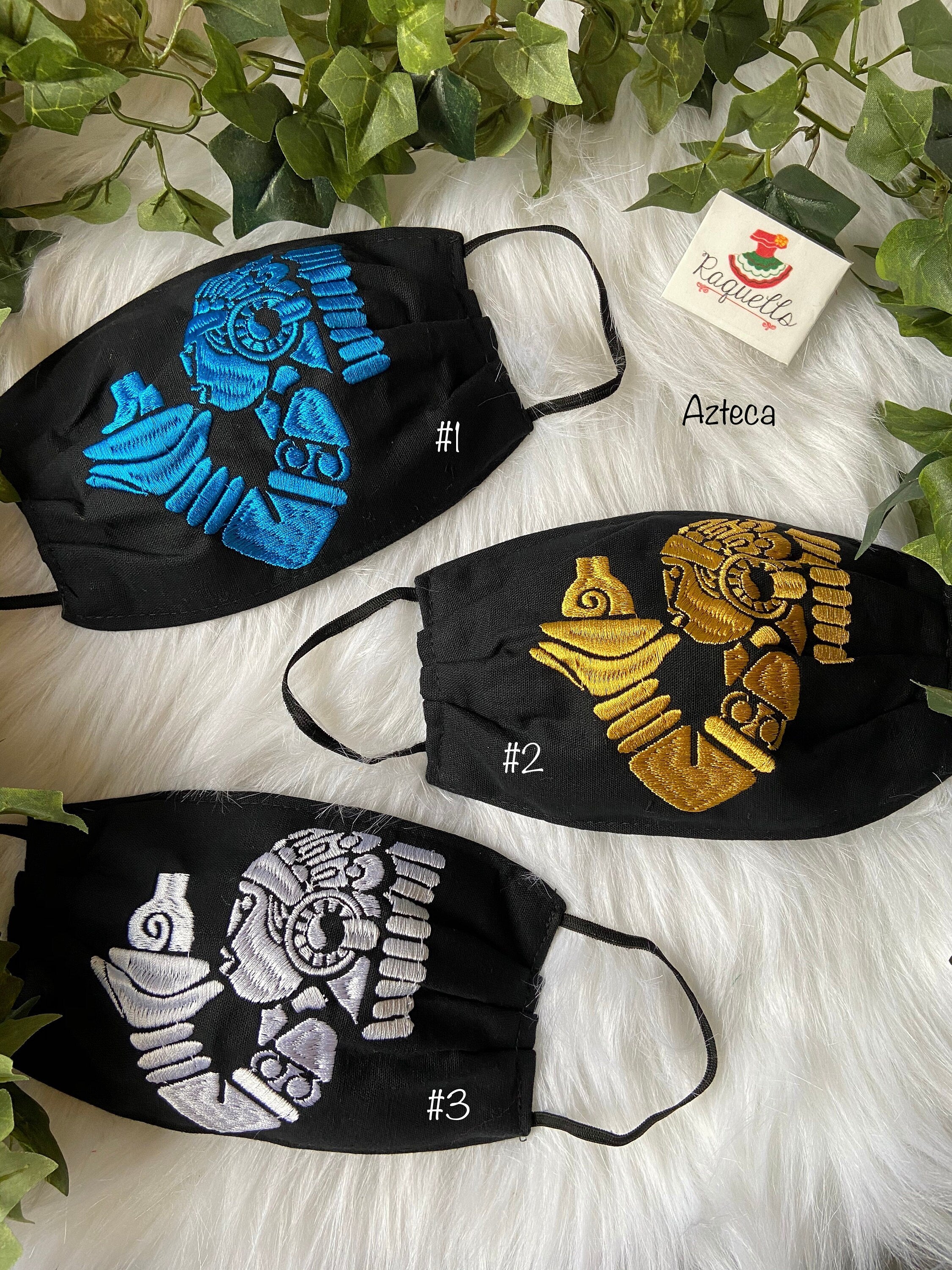 Image of Unisex Face Mask - Embroidered Aztec image with filter sewed-in