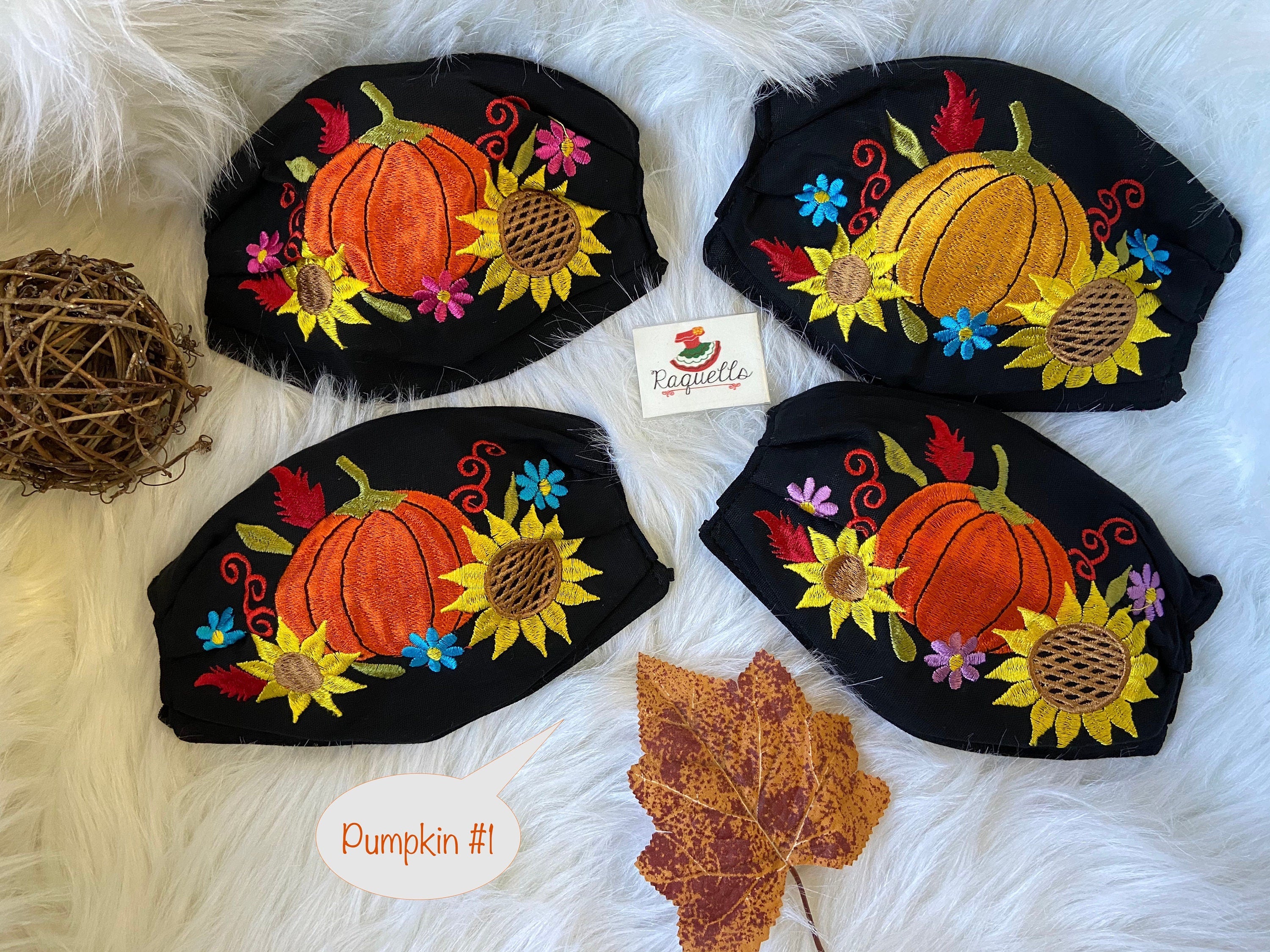 Image of ON SALE Pumpkin & Leaves - FALL Embroidered Face Mask with Filter attached
