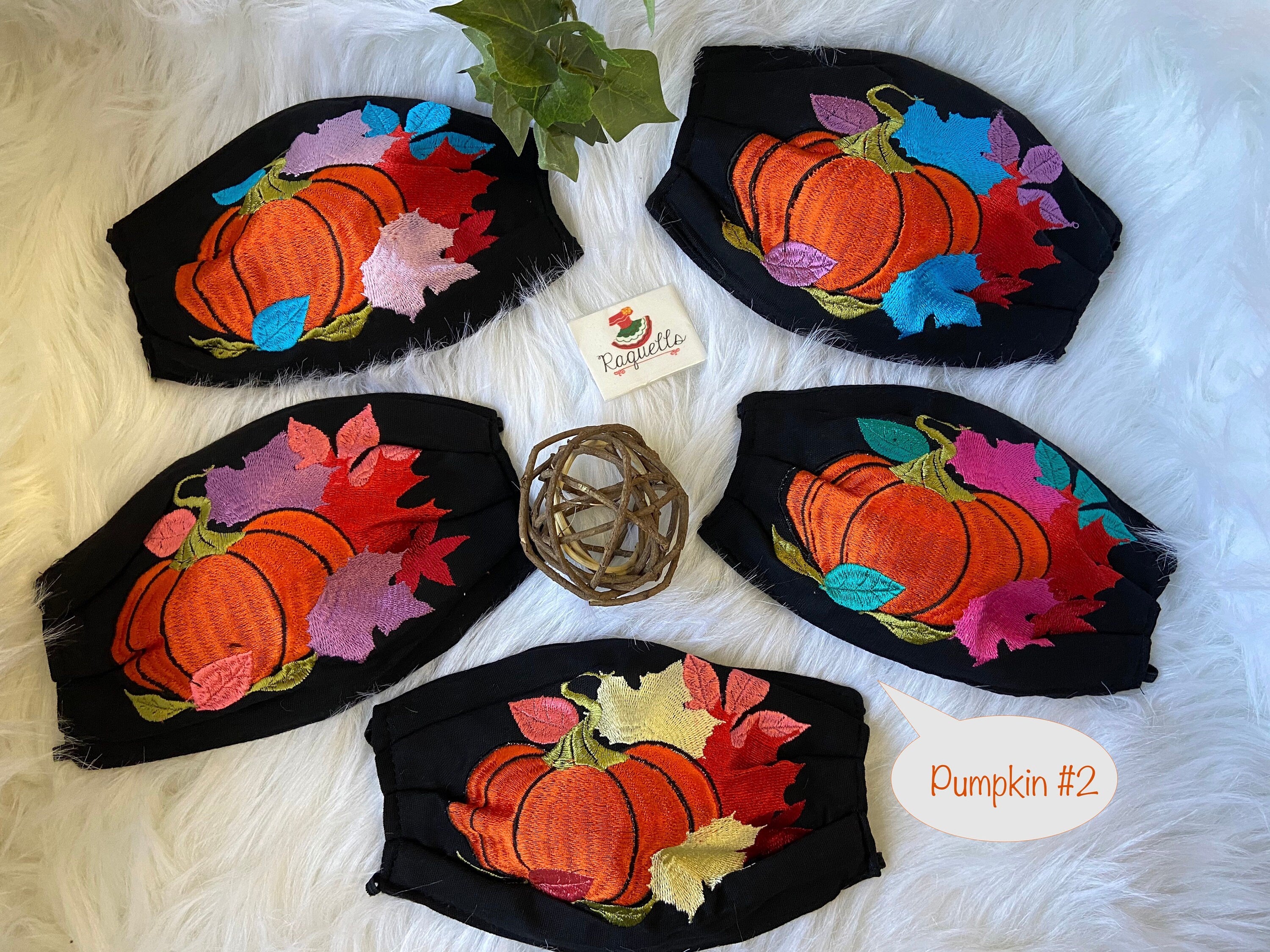 Image of ON SALE Pumpkin & Leaves - FALL Embroidered Face Mask with Filter attached