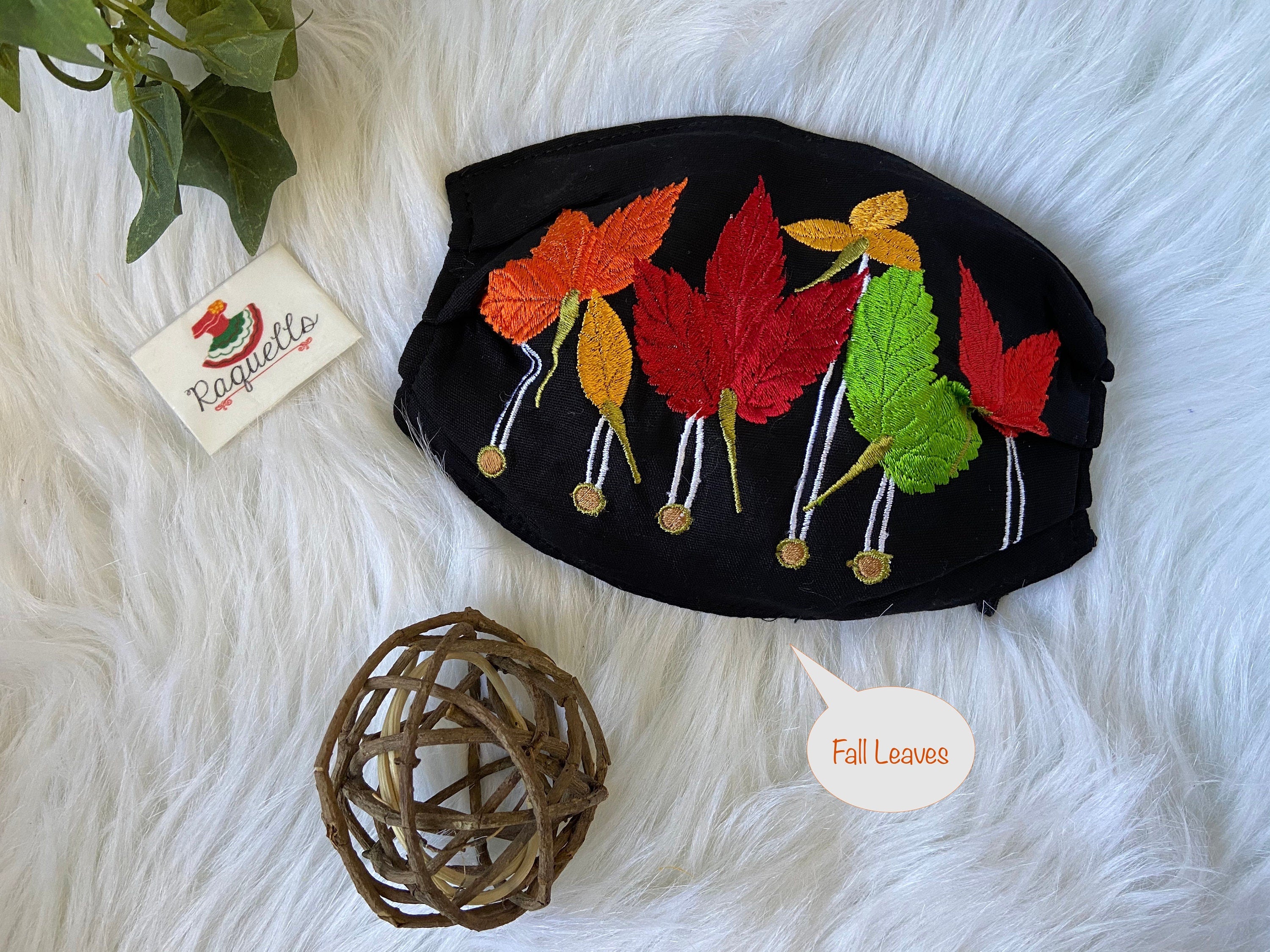 Image of ON SALE Pumpkin & Leaves - FALL Embroidered Face Mask with Filter attached