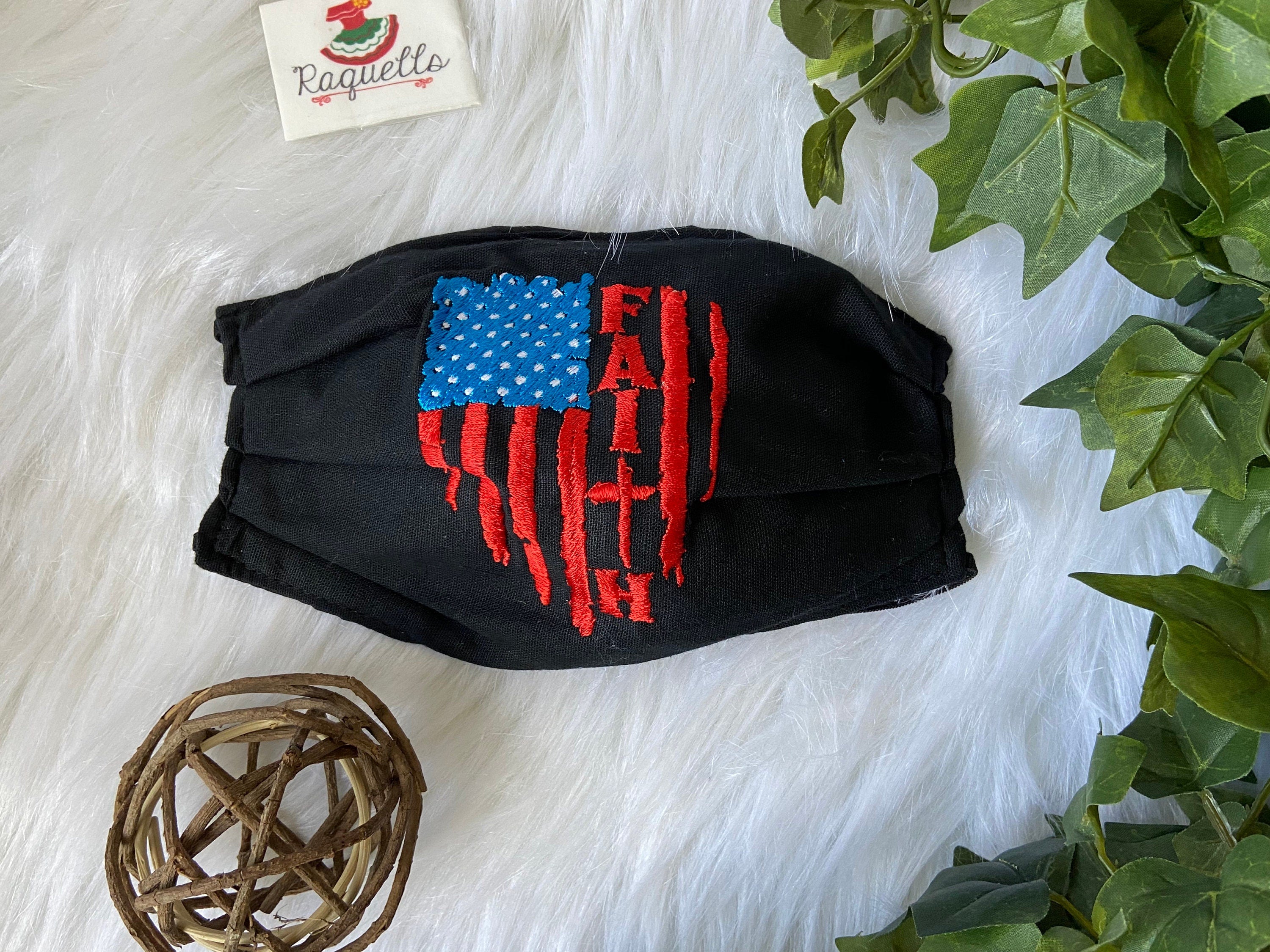 Image of FAITH Embroidered Face Mask with Filter attached