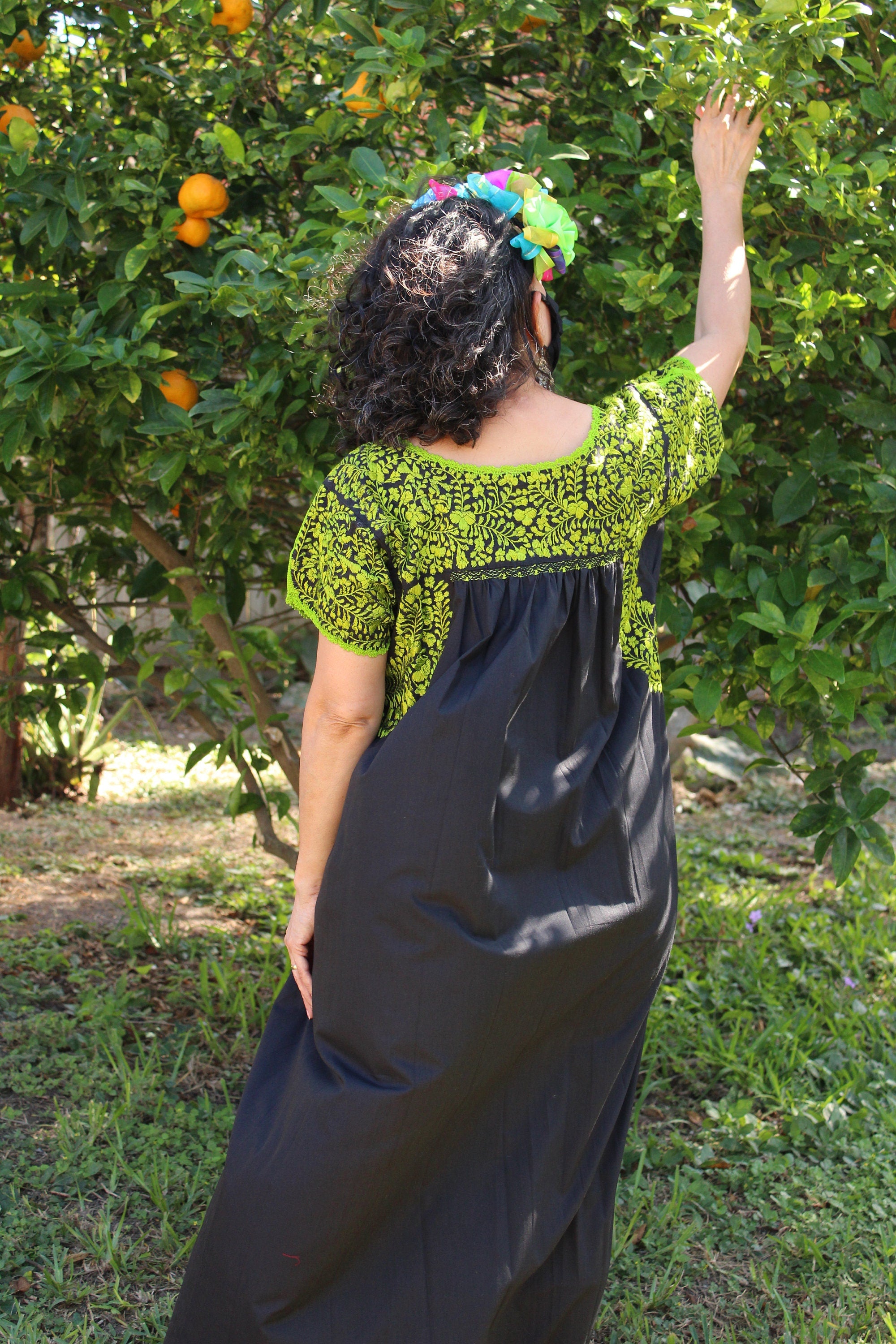 Image of Gorgeous Black SanTonino Dress with exquisite Lime Green Embroidery