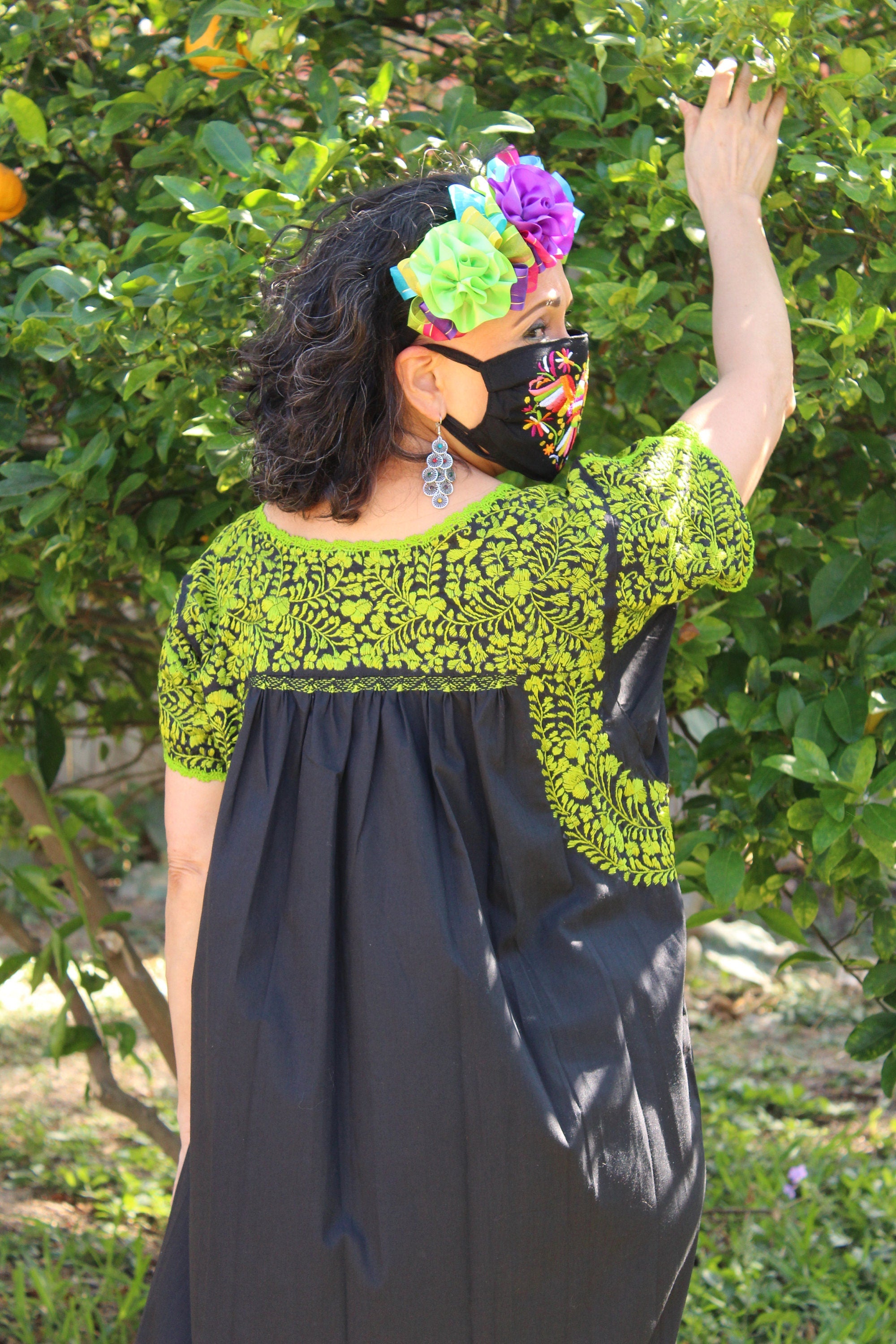 Image of Gorgeous Black SanTonino Dress with exquisite Lime Green Embroidery