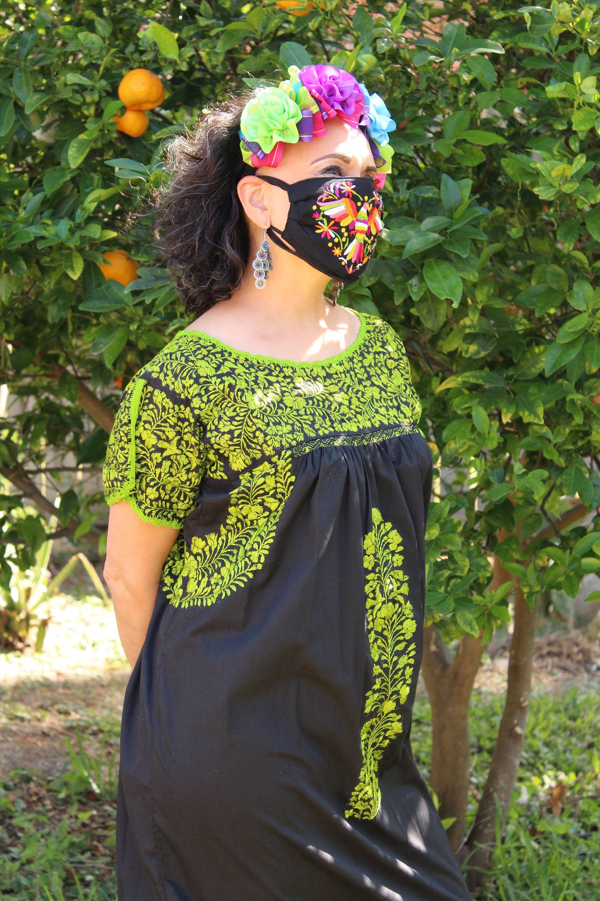 Gorgeous Black SanTonino Dress with exquisite Lime Green Embroidery