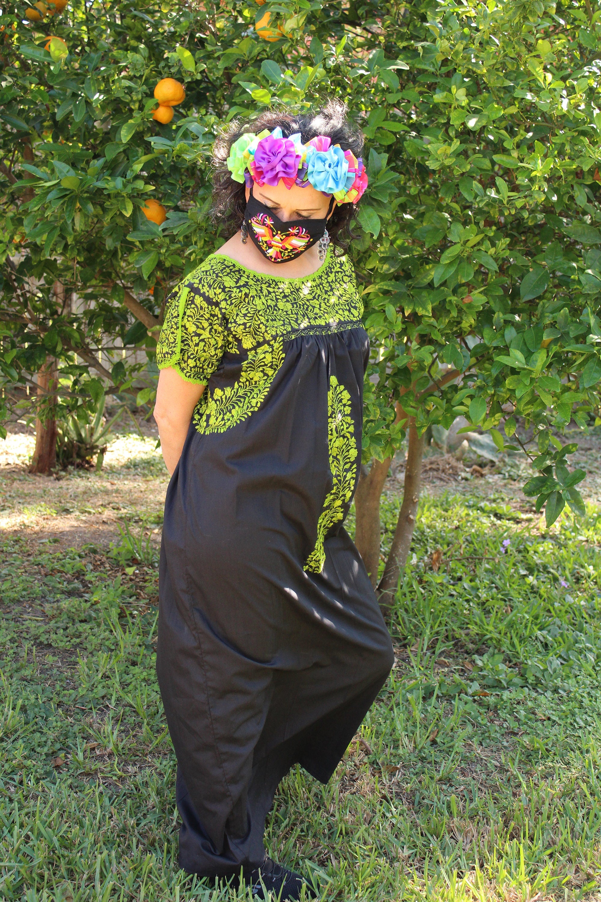 Gorgeous Black SanTonino Dress with exquisite Lime Green Embroidery