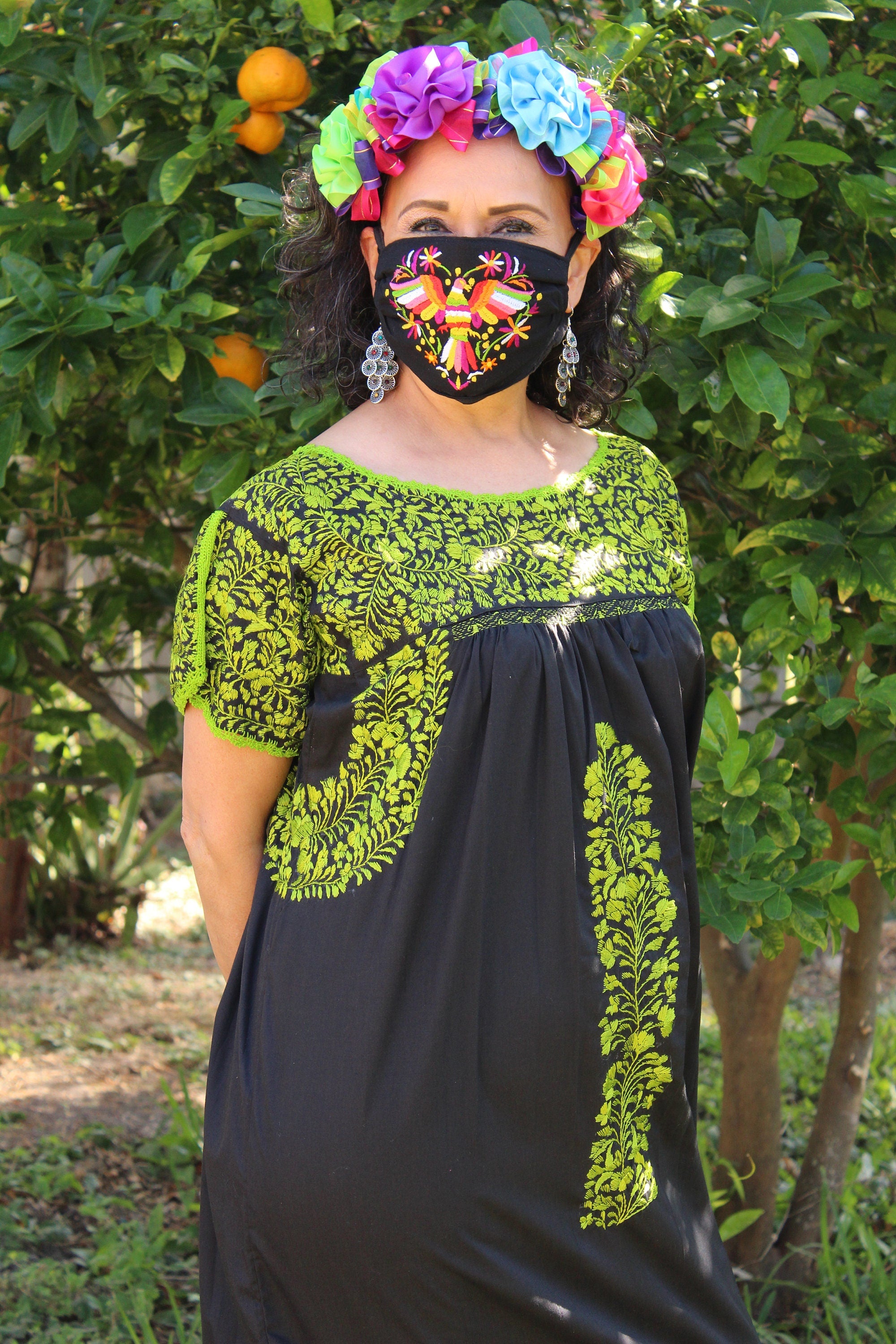 Image of Gorgeous Black SanTonino Dress with exquisite Lime Green Embroidery