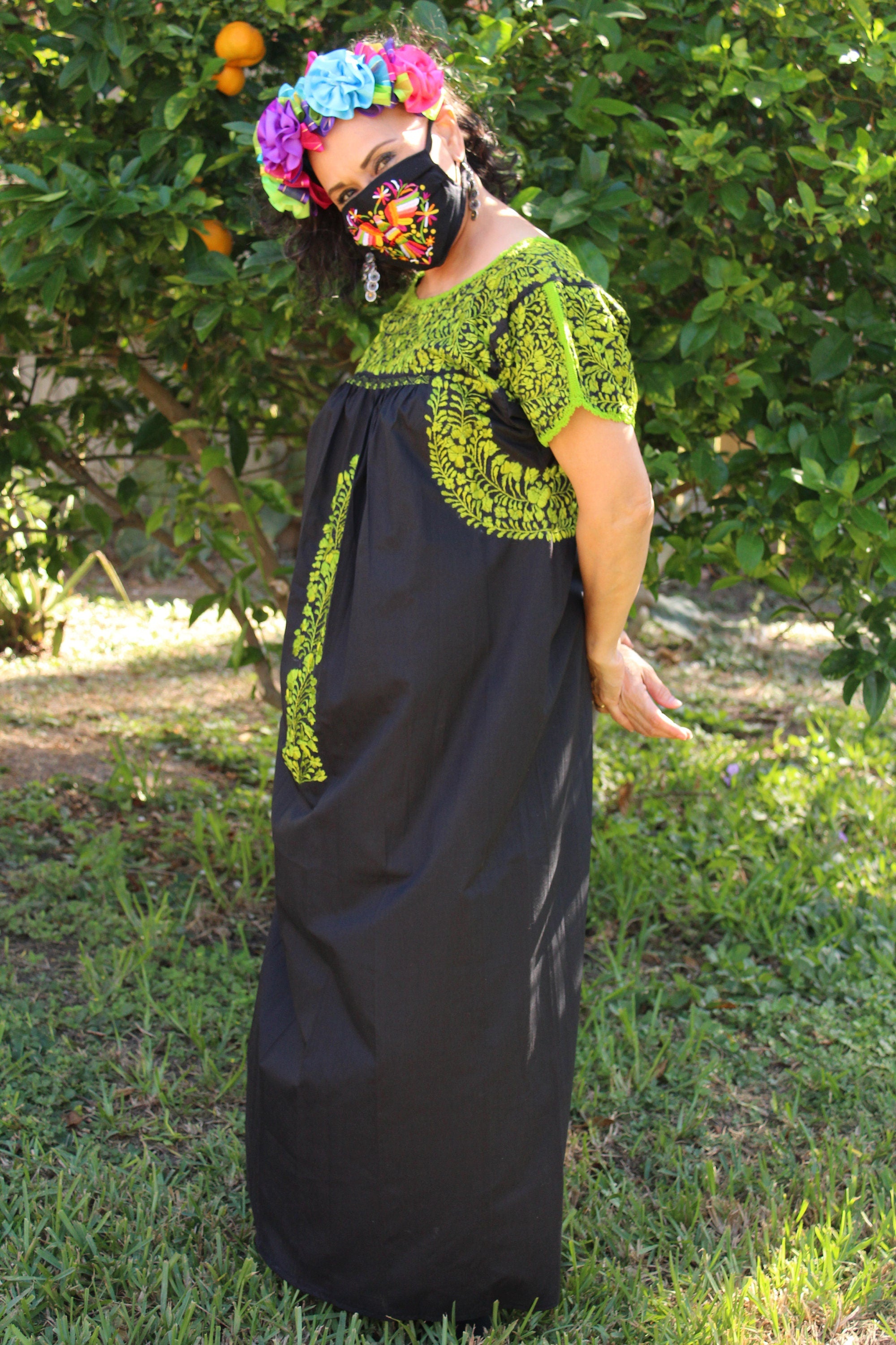 Image of Gorgeous Black SanTonino Dress with exquisite Lime Green Embroidery