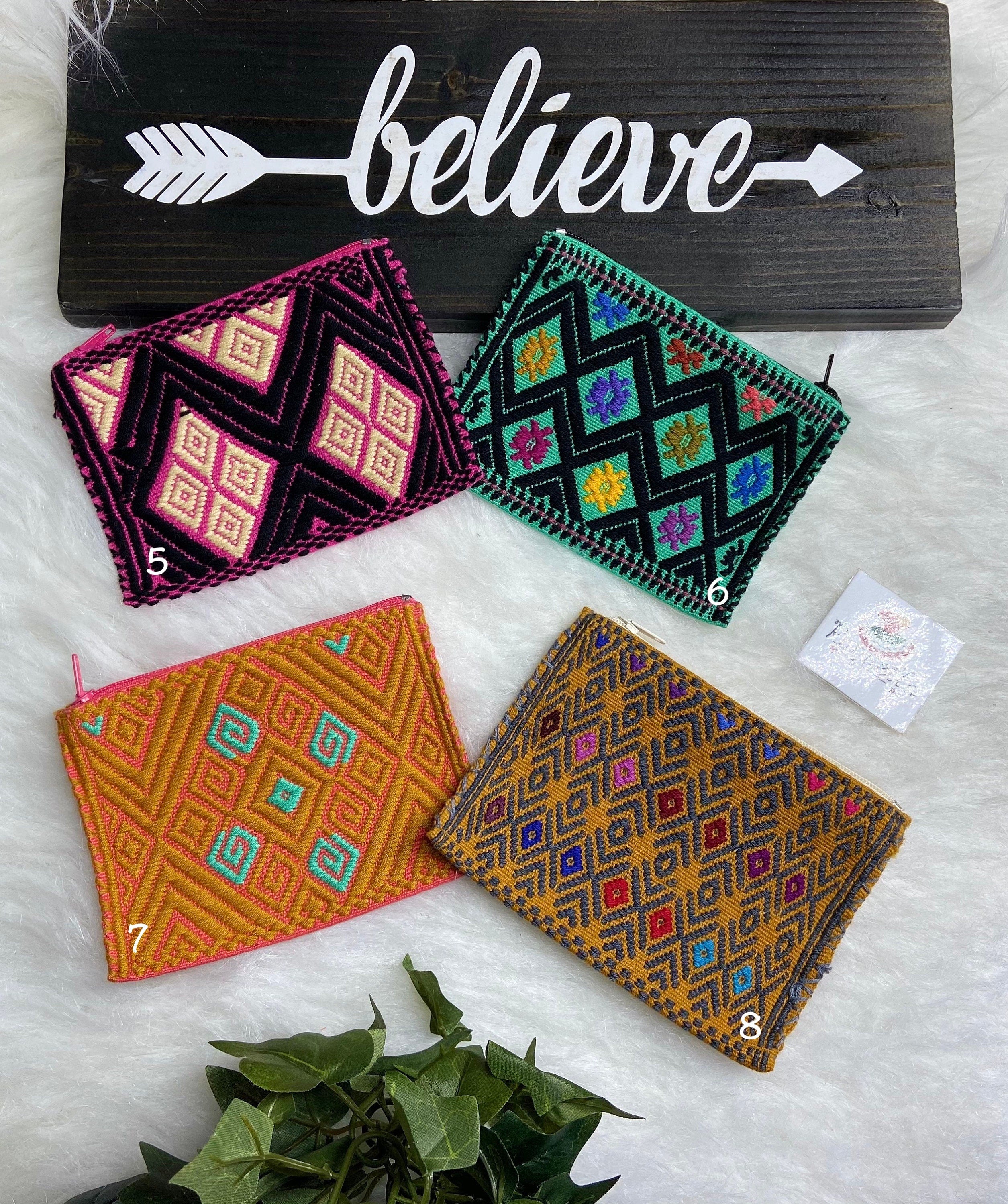 Image of Unique Artisanal Aztec Design Coin Bag, Handmade with beautiful embroidered accents made in Chiapas, Mx.