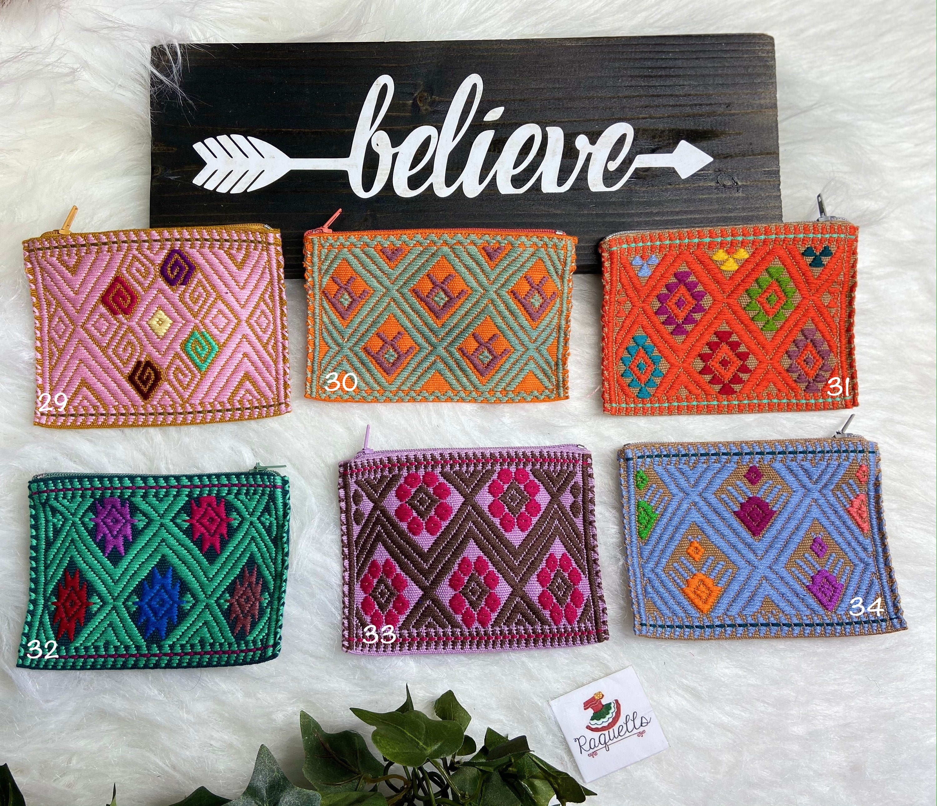 Unique Artisanal Aztec Design Coin Bag, Handmade with beautiful embroidered accents made in Chiapas, Mx.