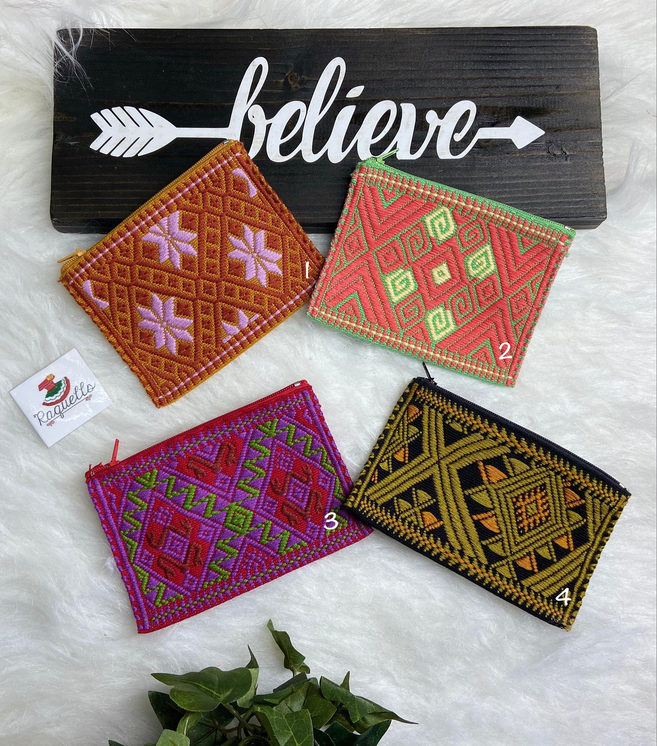 Image of Unique Artisanal Aztec Design Coin Bag, Handmade with beautiful embroidered accents made in Chiapas, Mx.