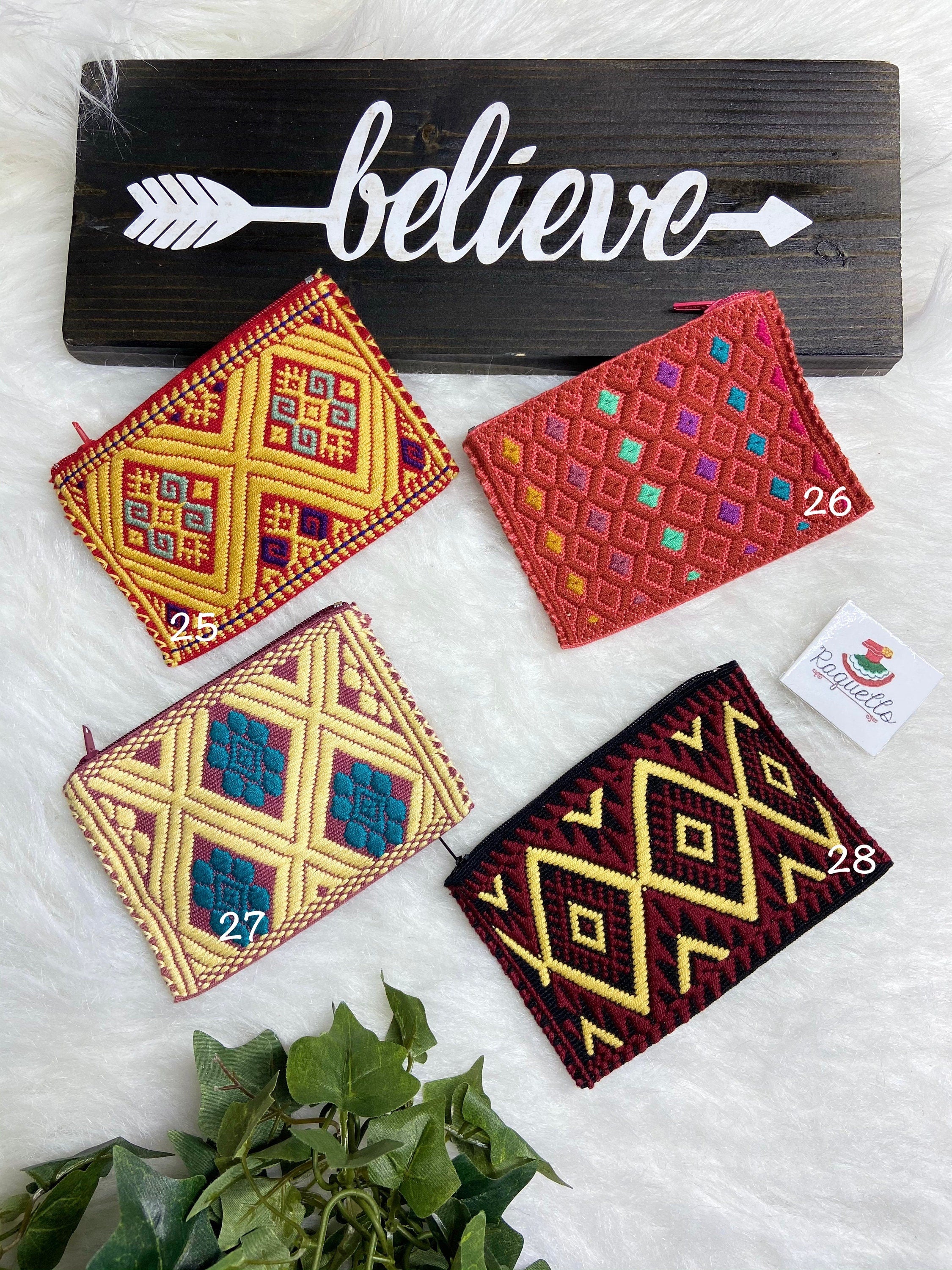 Image of Unique Artisanal Aztec Design Coin Bag, Handmade with beautiful embroidered accents made in Chiapas, Mx.