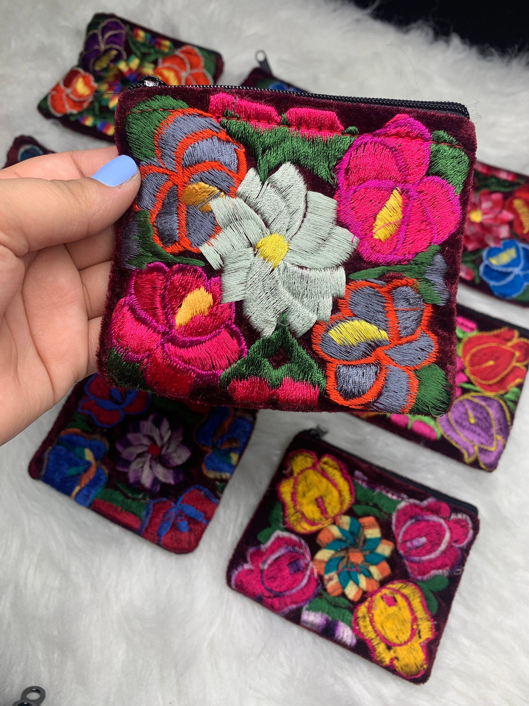 Velvet Maroon Embroidered Coin Bags - Handmade Coin Bag