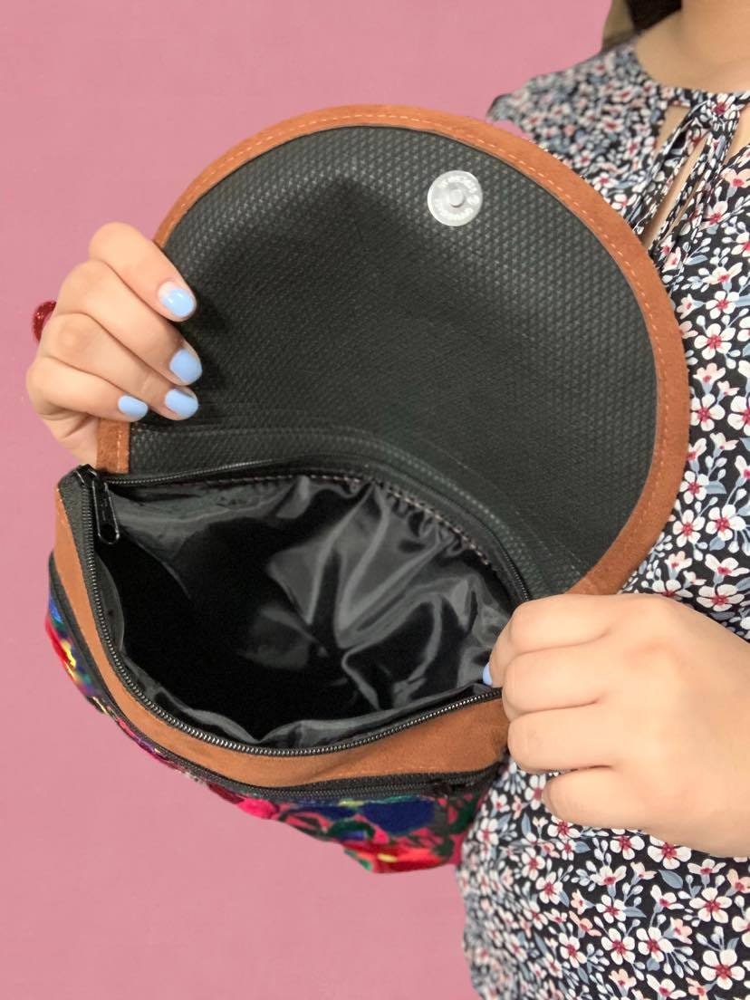 Image of Artisanal Suede Handmade Messenger Bag - Mexican Embroidered Messenger Bag