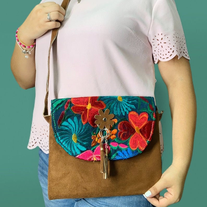 Image of Mexican Embroidered Messenger Bag - Handmade Artisanal Bag- Adjustable Strap Bag