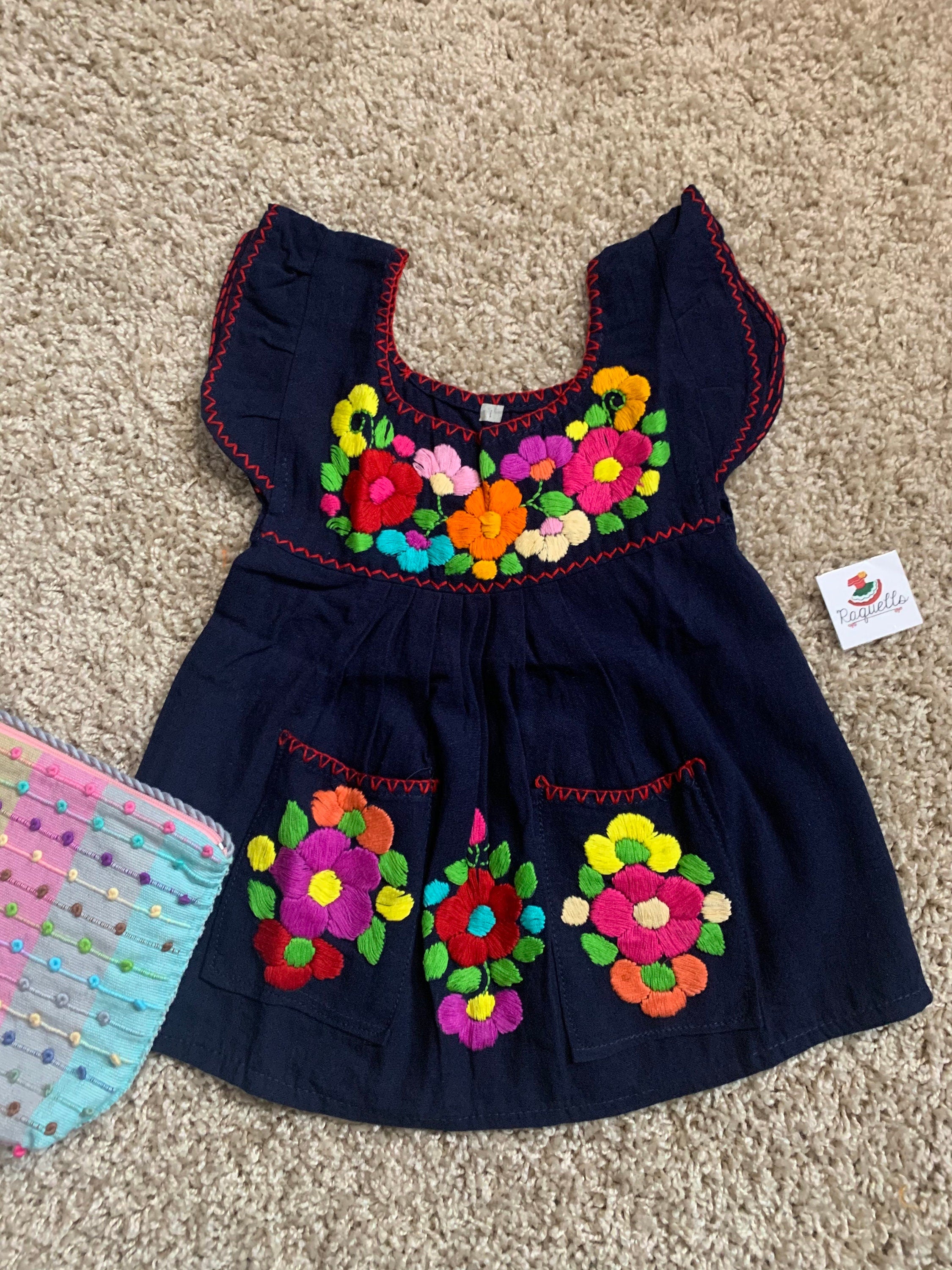 12 Months Handmade Mexican Floral Embroidered Girls Dress - Hand Embroidered Floral Dress