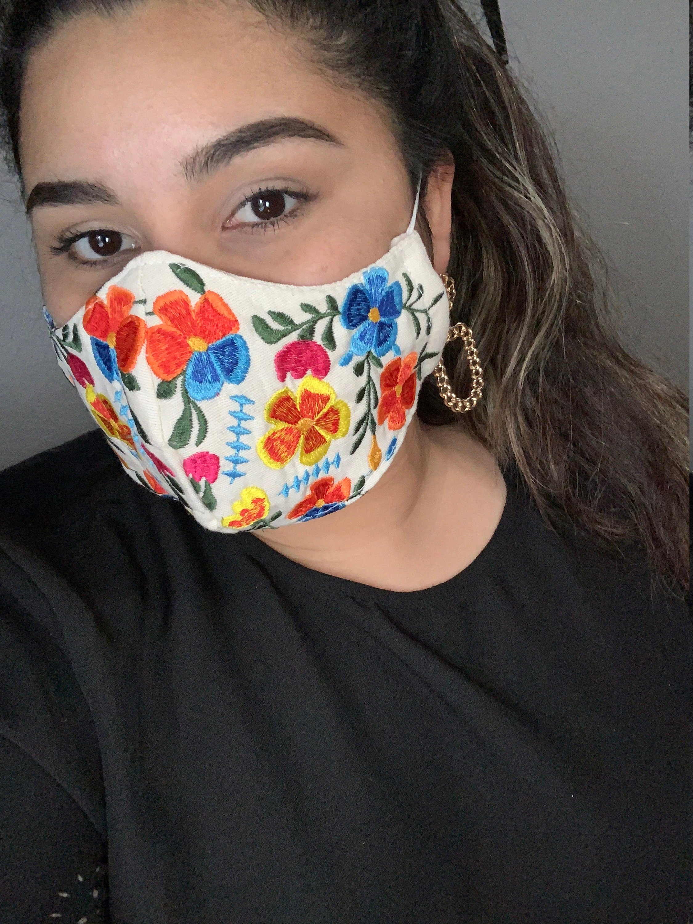 Off White Mexican Floral Mask - Embroidered Face Mask