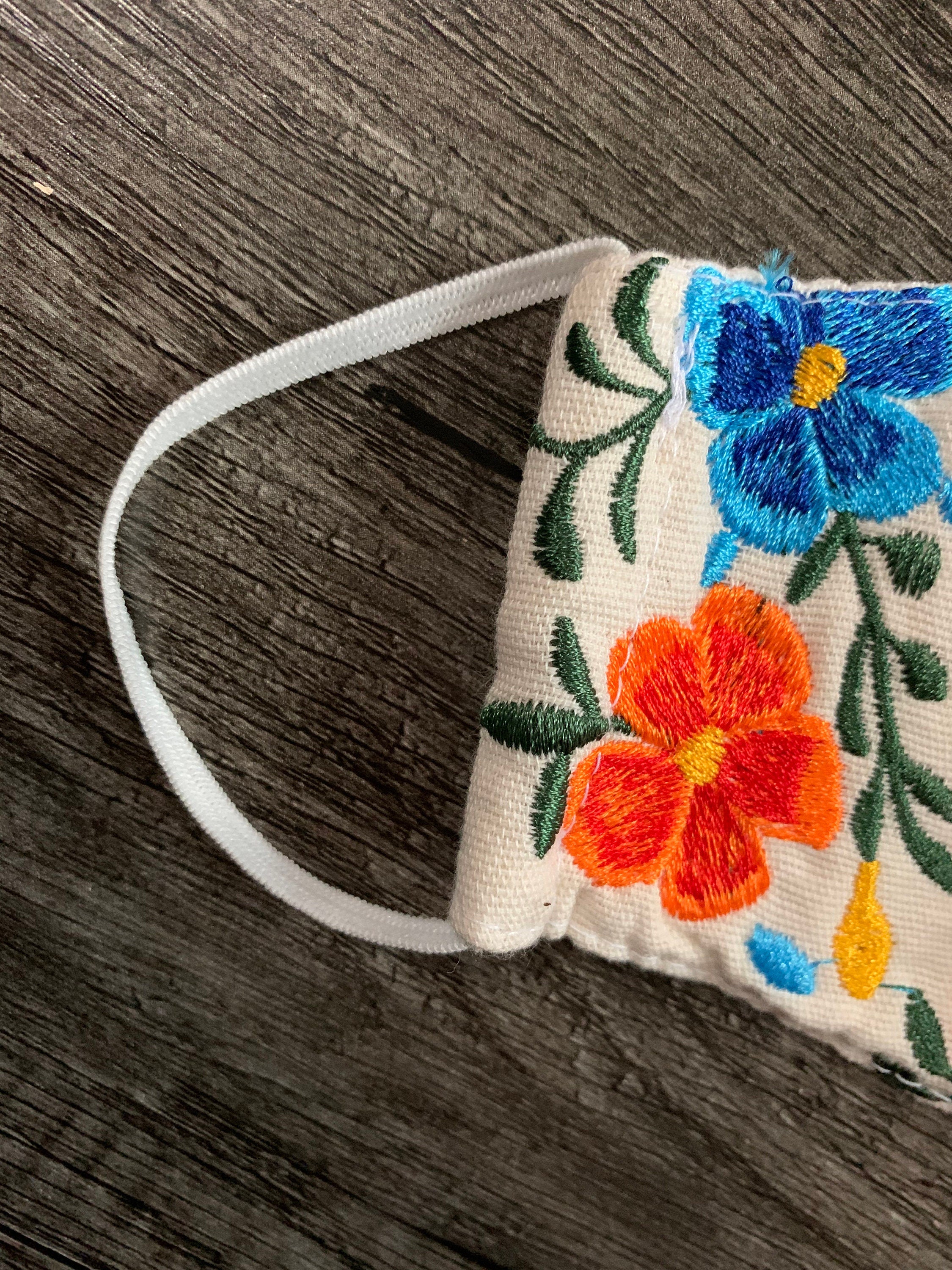 Image of Off White Mexican Floral Mask - Embroidered Face Mask
