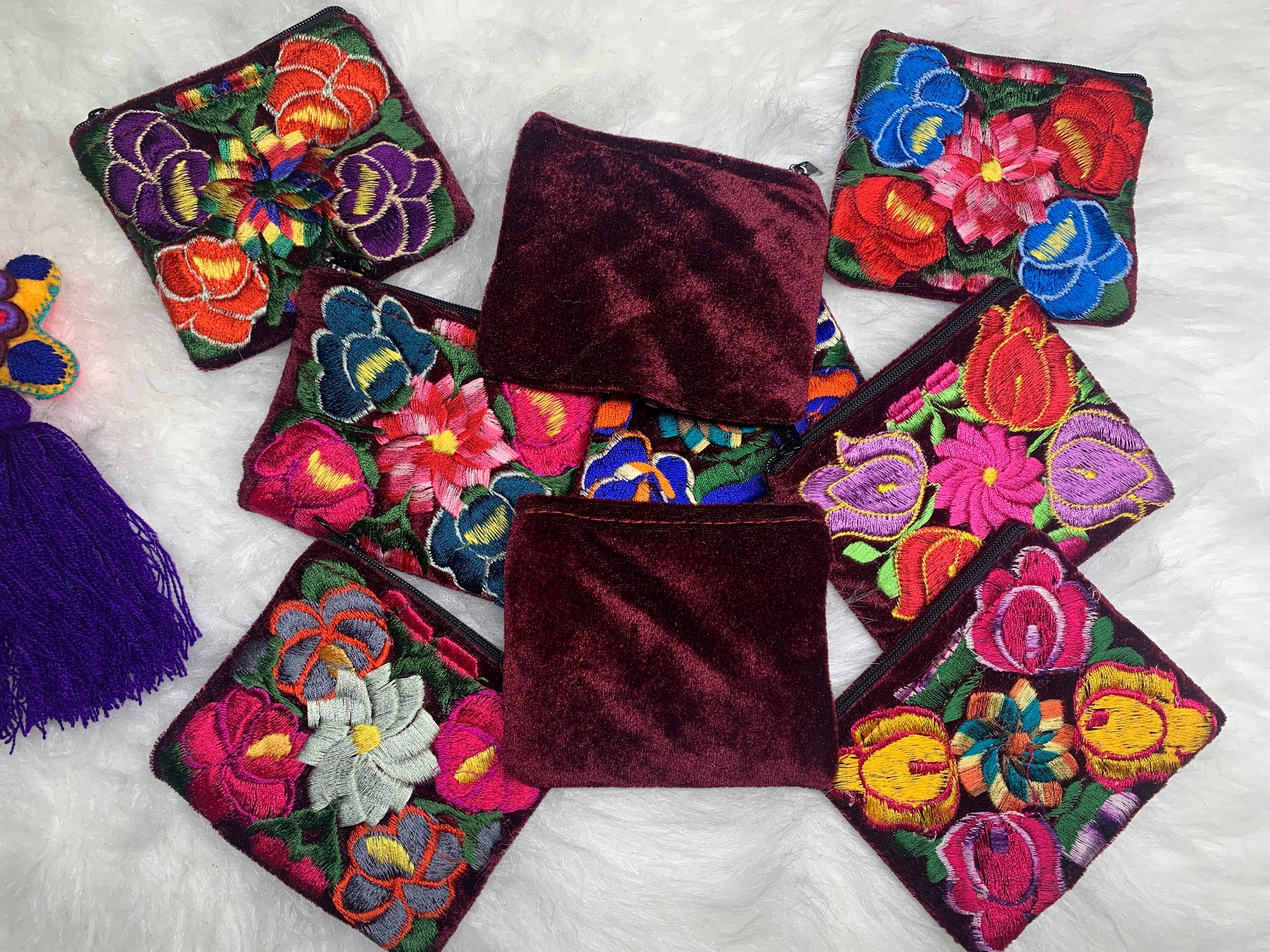 Velvet Maroon Embroidered Coin Bags - Handmade Coin Bag