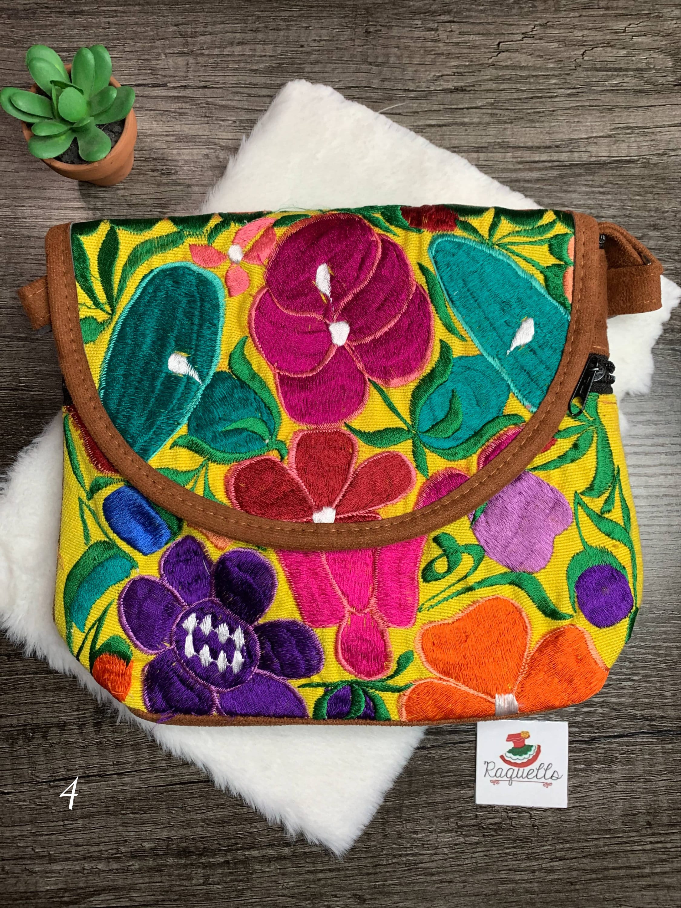 Image of Artisanal Suede Handmade Messenger Bag - Mexican Embroidered Messenger Bag