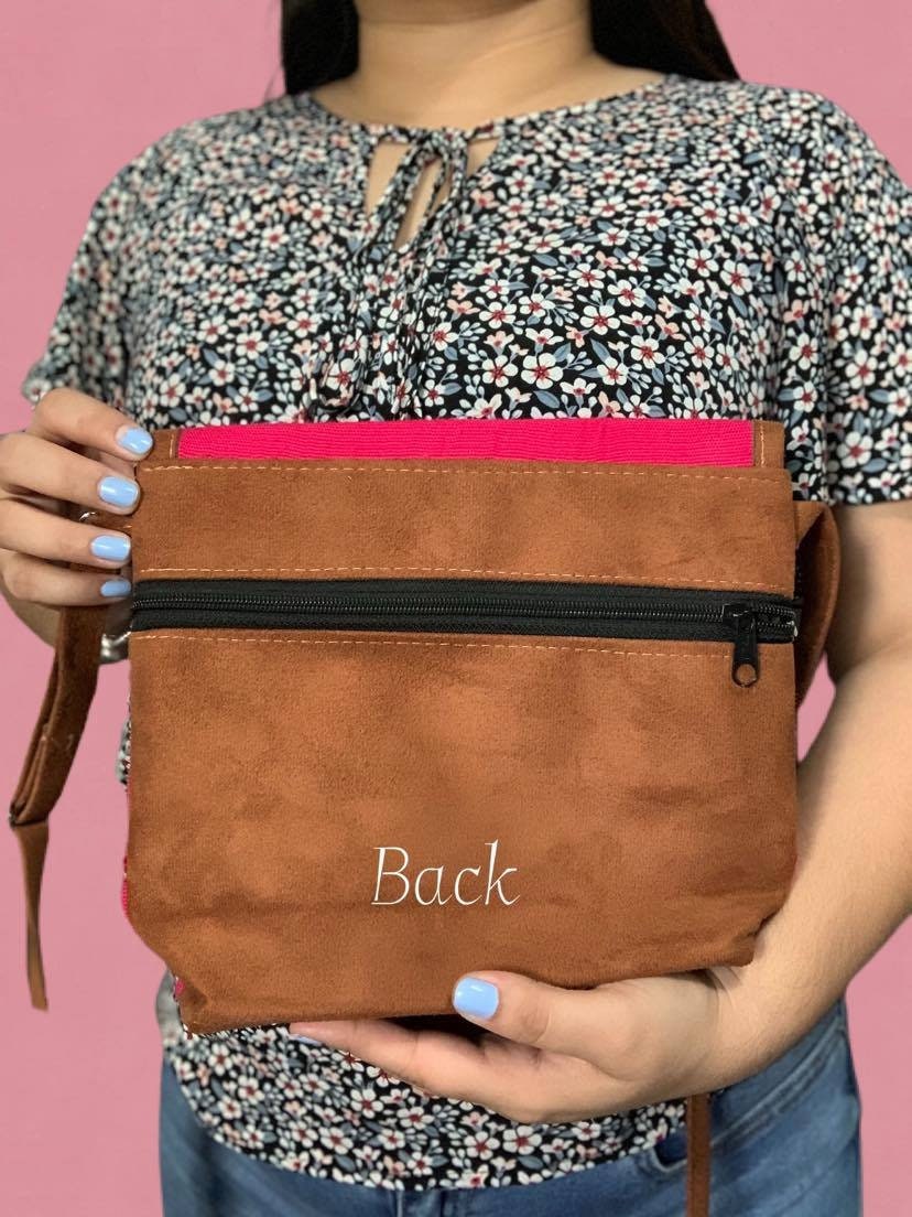 Image of Artisanal Suede Handmade Messenger Bag - Mexican Embroidered Messenger Bag