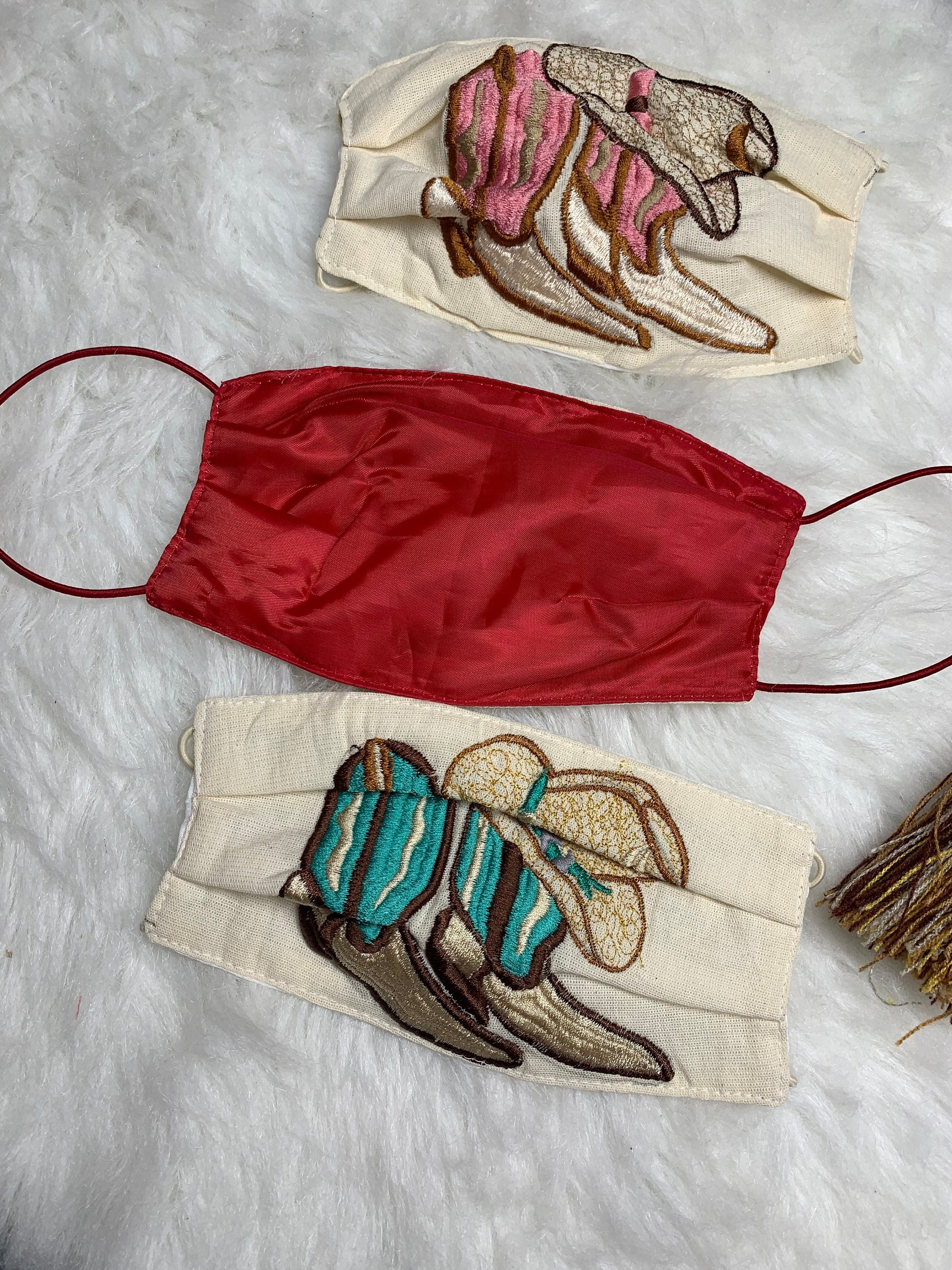 Cowgirl Boots Embroidered Face Mask - Handmade Embroidered Face Mask