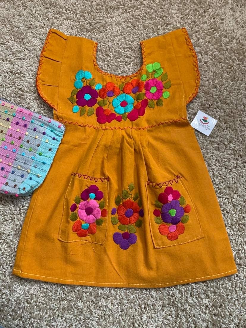 12 Months Handmade Mexican Floral Embroidered Girls Dress - Hand Embroidered Floral Dress