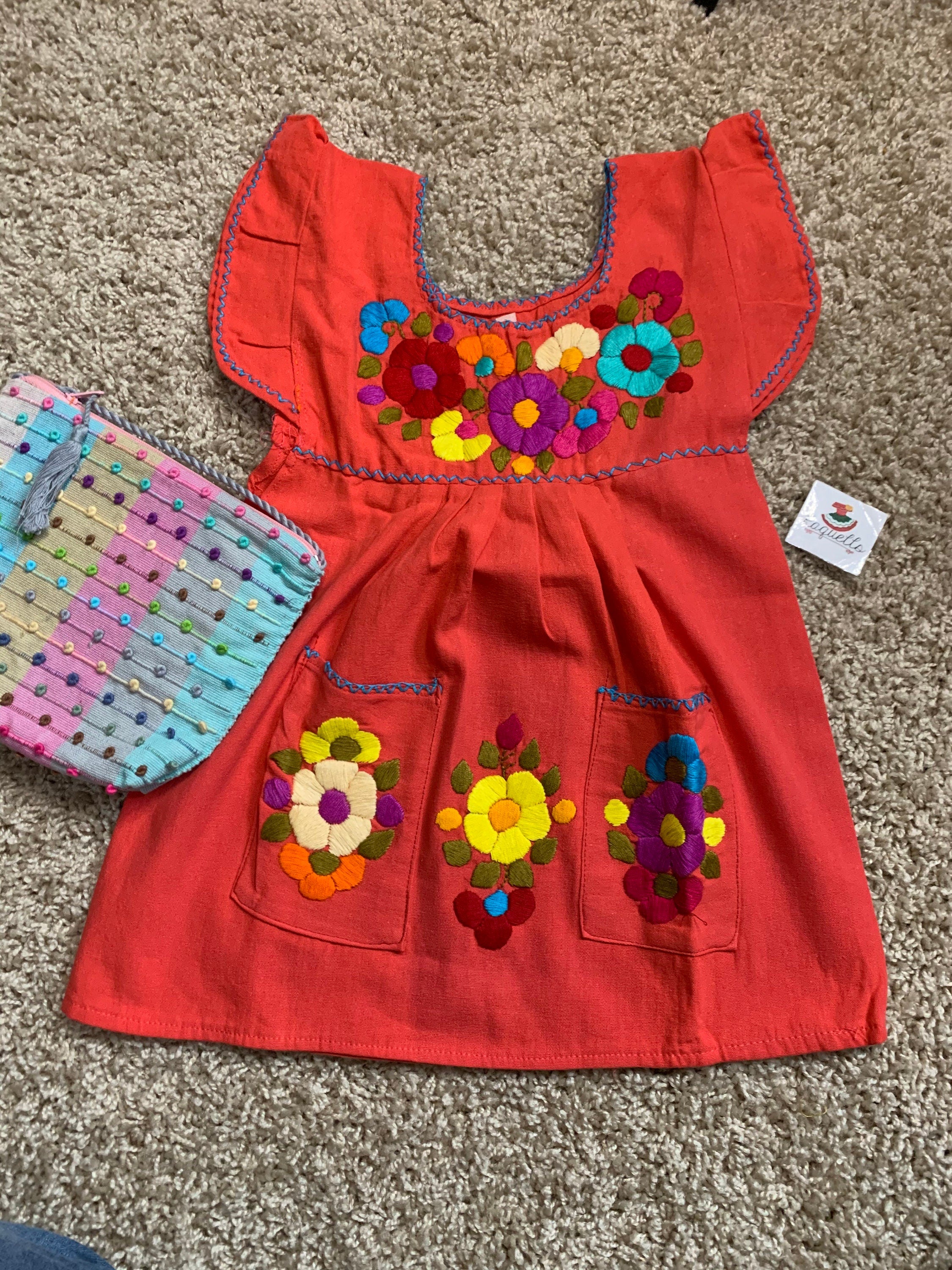 12 Months Handmade Mexican Floral Embroidered Girls Dress - Hand Embroidered Floral Dress