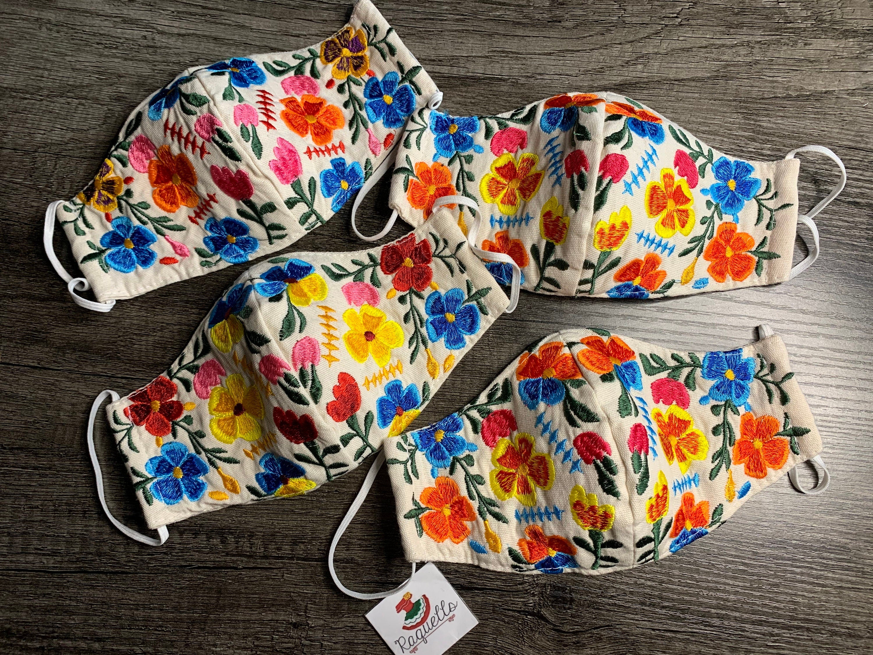 Image of Off White Mexican Floral Mask - Embroidered Face Mask
