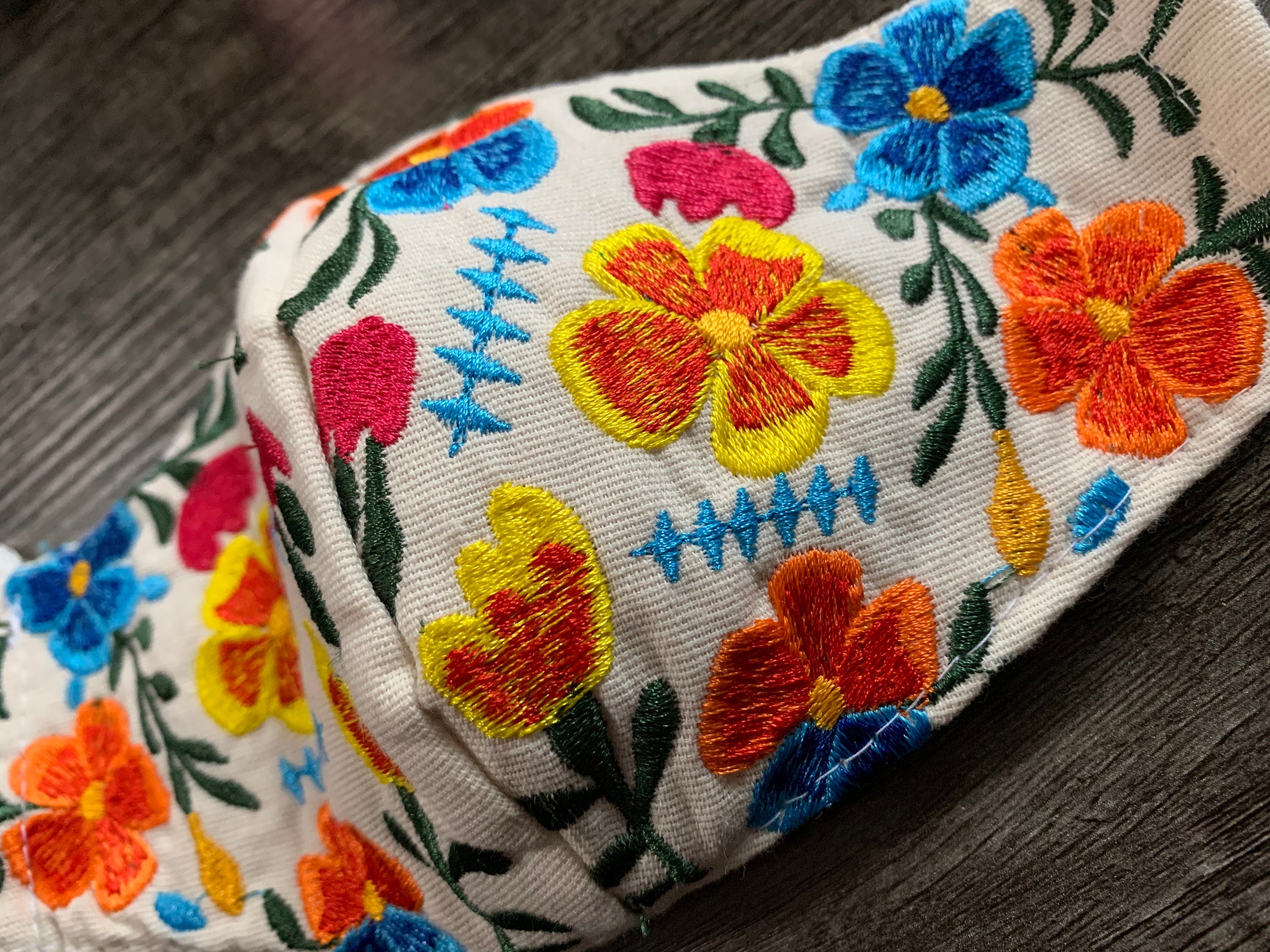 Image of Off White Mexican Floral Mask - Embroidered Face Mask