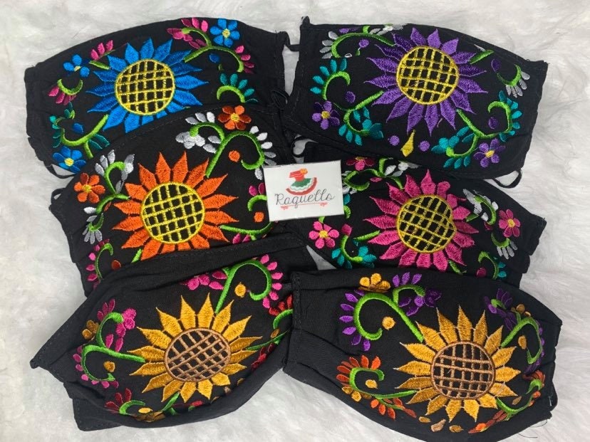 Image of Colorful Embroidered Sunflower Face Masks - Mexican Handmade Face Masks