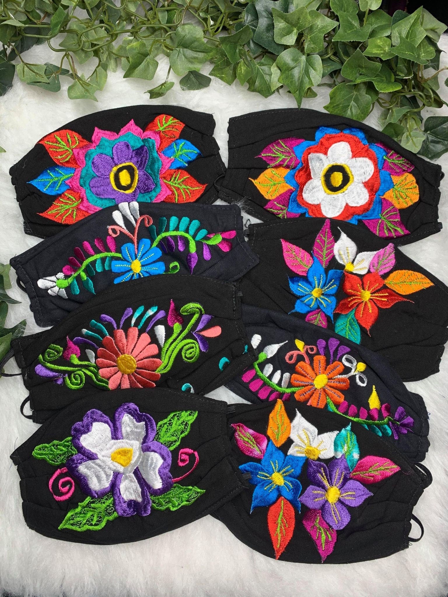 Image of Mexican Embroidered Large Floral Design Face Masks - Artisan Made Face Masks