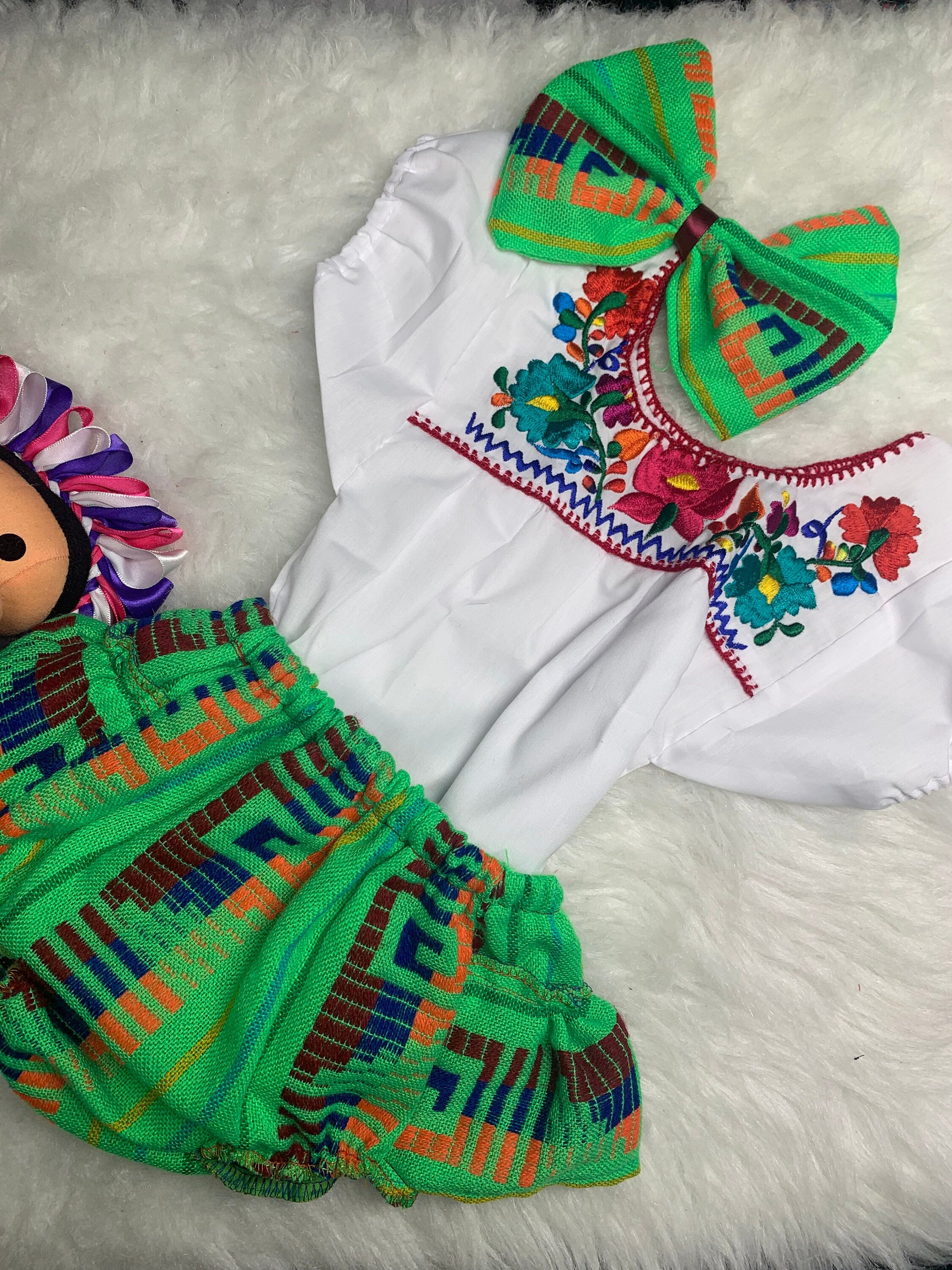 Image of 9-12 Months Baby Fiesta 3 piece Outfit: Sarape Bloomer, Hair bow, and Blouse - 1 year old Fiesta Outfit