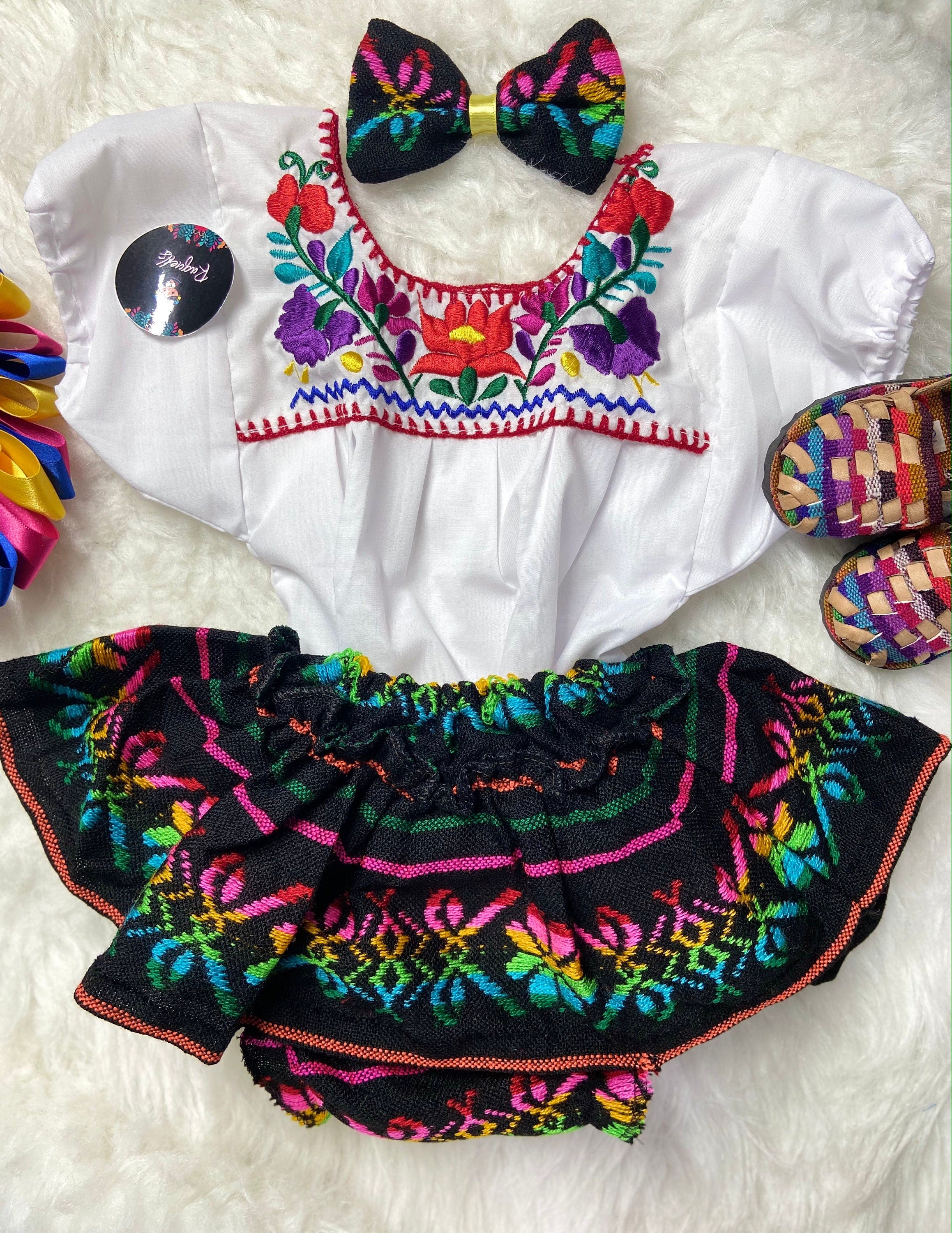 Image of Adorable 3-Piece Baby Fiesta Outfit - Sarape Bloomers, Top and Hairbow, 6-9 Months Baby Sarape Bloomer - Summer Fiesta baby outfit.