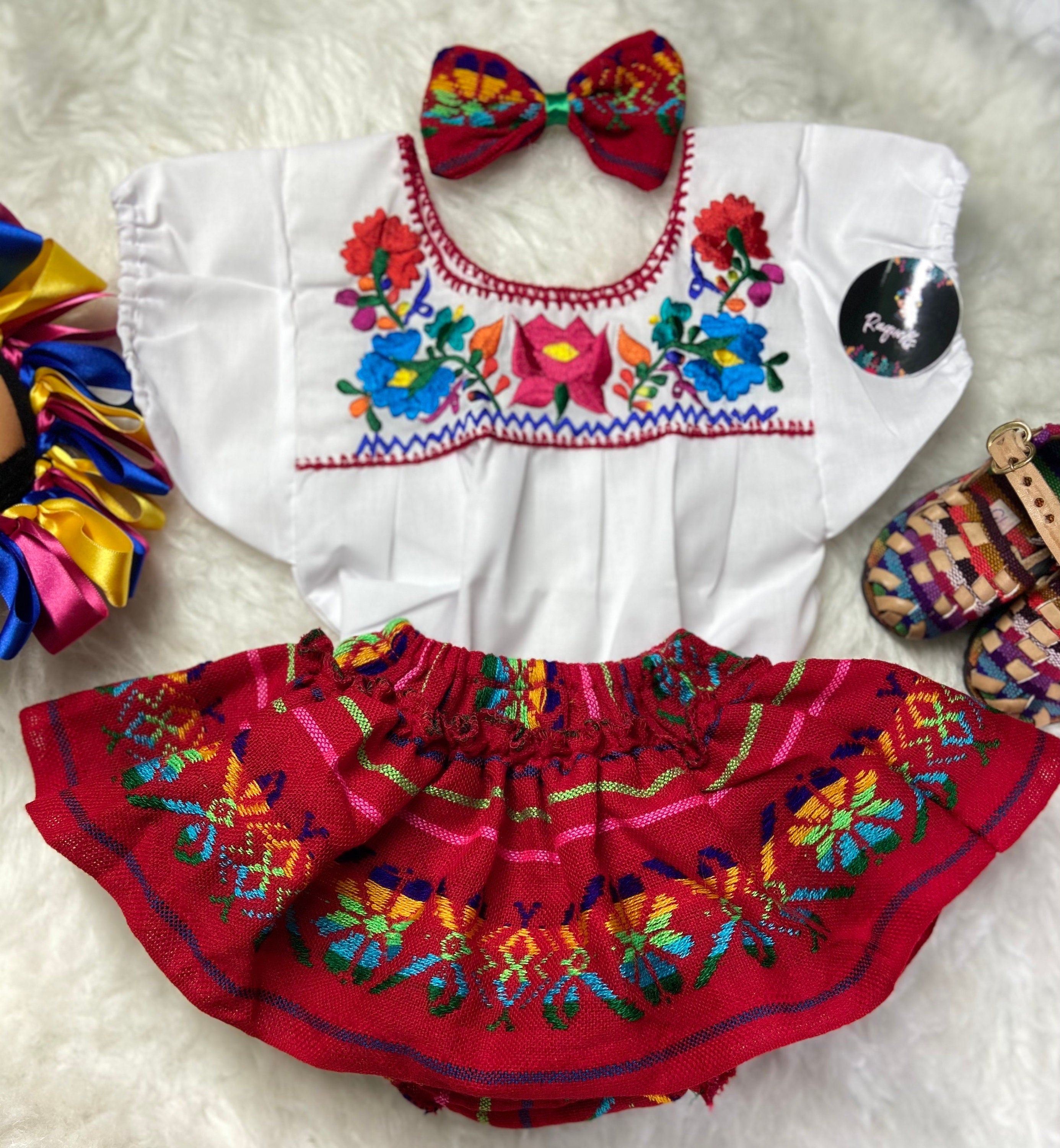 Image of Adorable 3-Piece Baby Fiesta Outfit - Sarape Bloomers, Top and Hairbow, 6-9 Months Baby Sarape Bloomer - Summer Fiesta baby outfit.