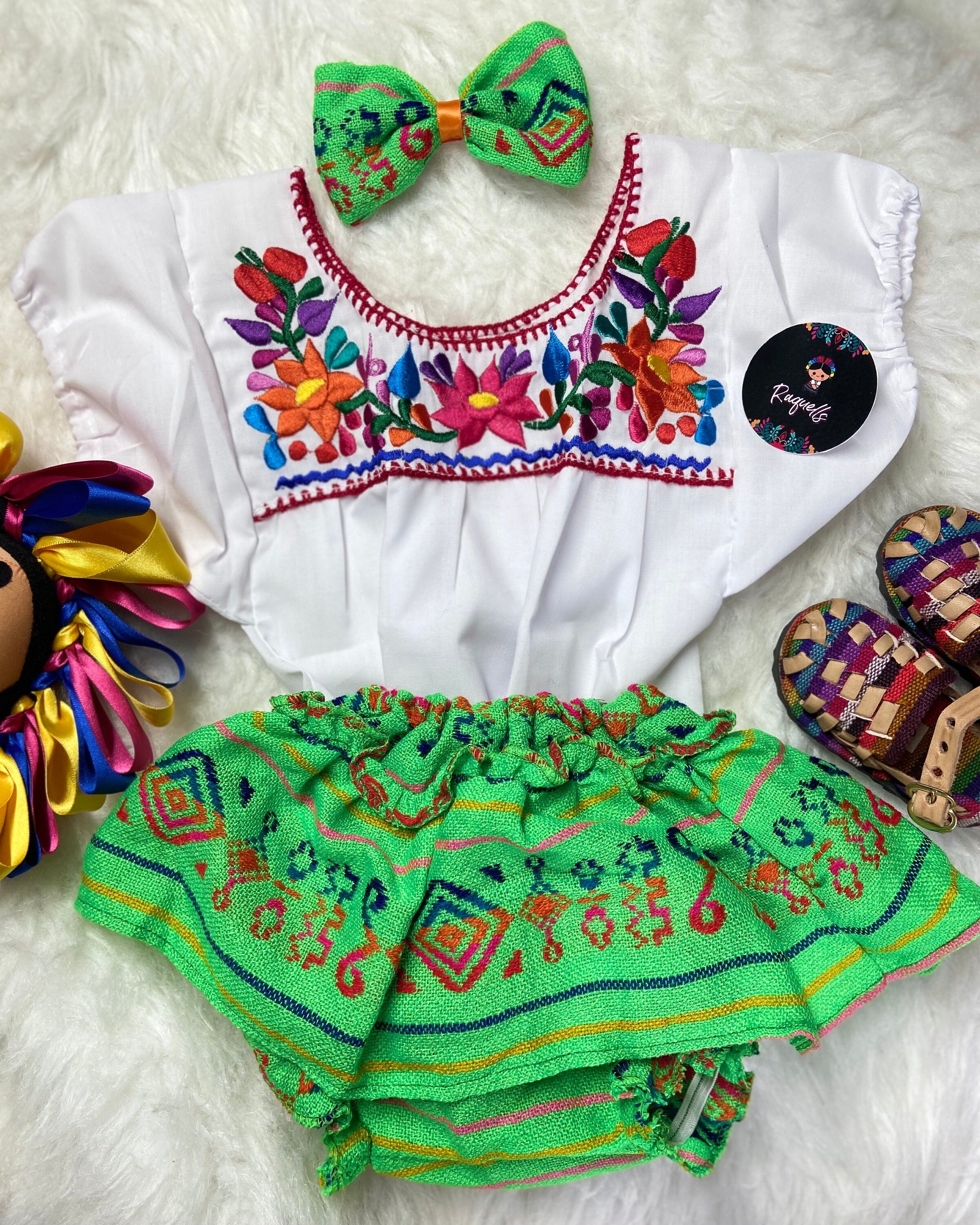 Image of Adorable 3-Piece Baby Fiesta Outfit - Sarape Bloomers, Top and Hairbow, 6-9 Months Baby Sarape Bloomer - Summer Fiesta baby outfit.