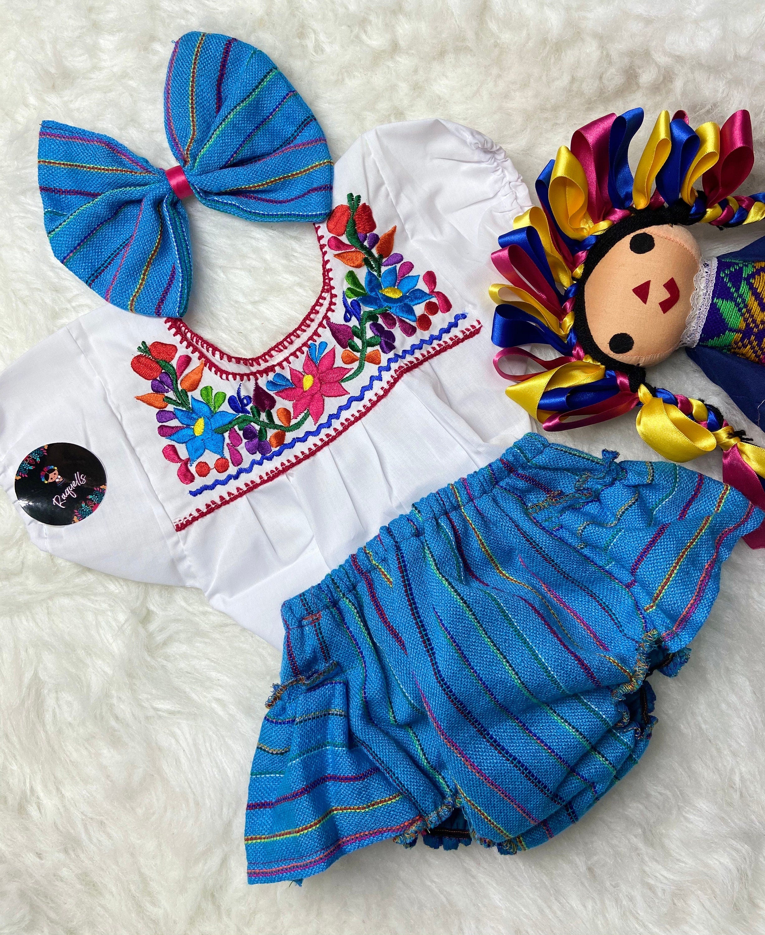 Image of 9-12 Months Baby Fiesta 3 piece Outfit: Sarape Bloomer, Hair bow, and Blouse - 1 year old Fiesta Outfit