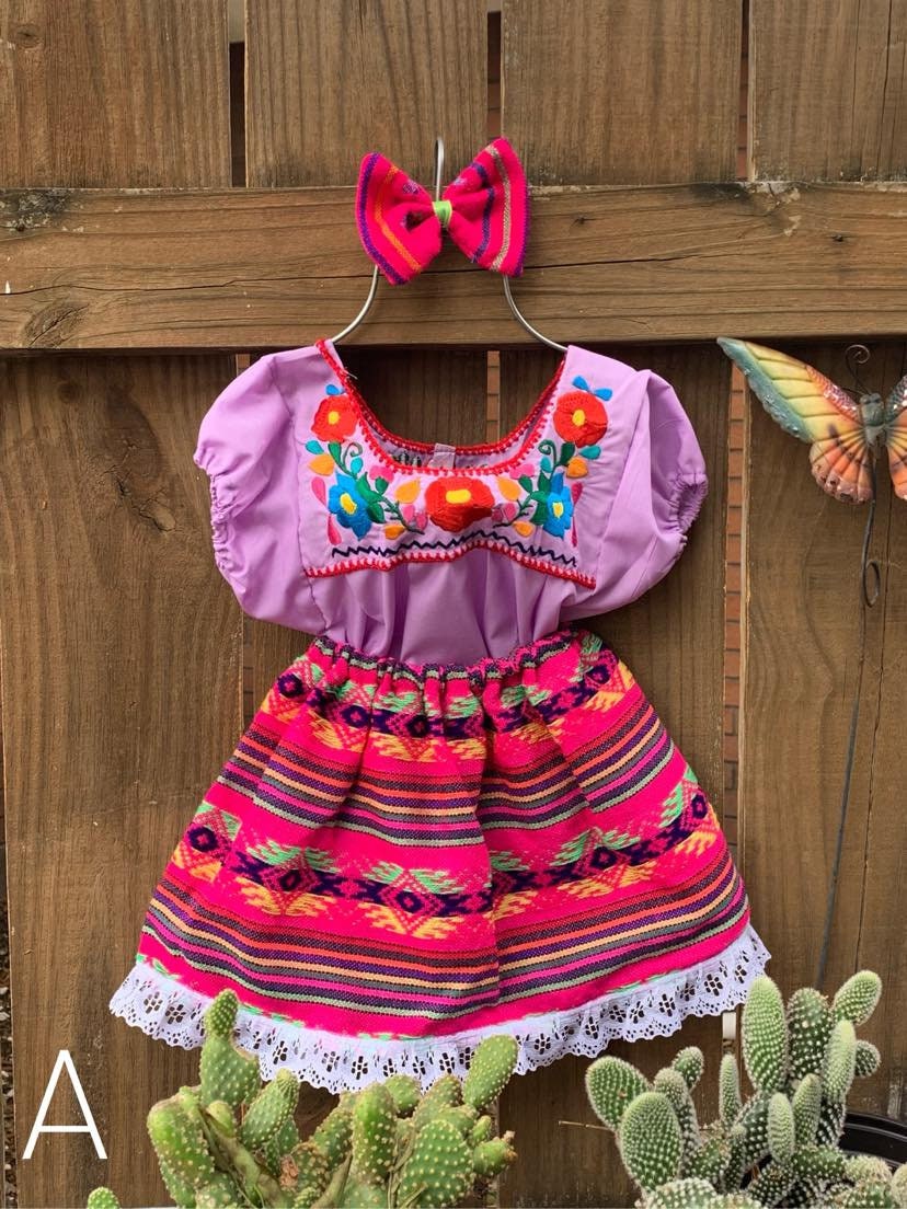 Image of Artisanal Handmade 9-12 Months Baby 3 Piece Outfit Set - Sarape Skirt, Blouse & Bow