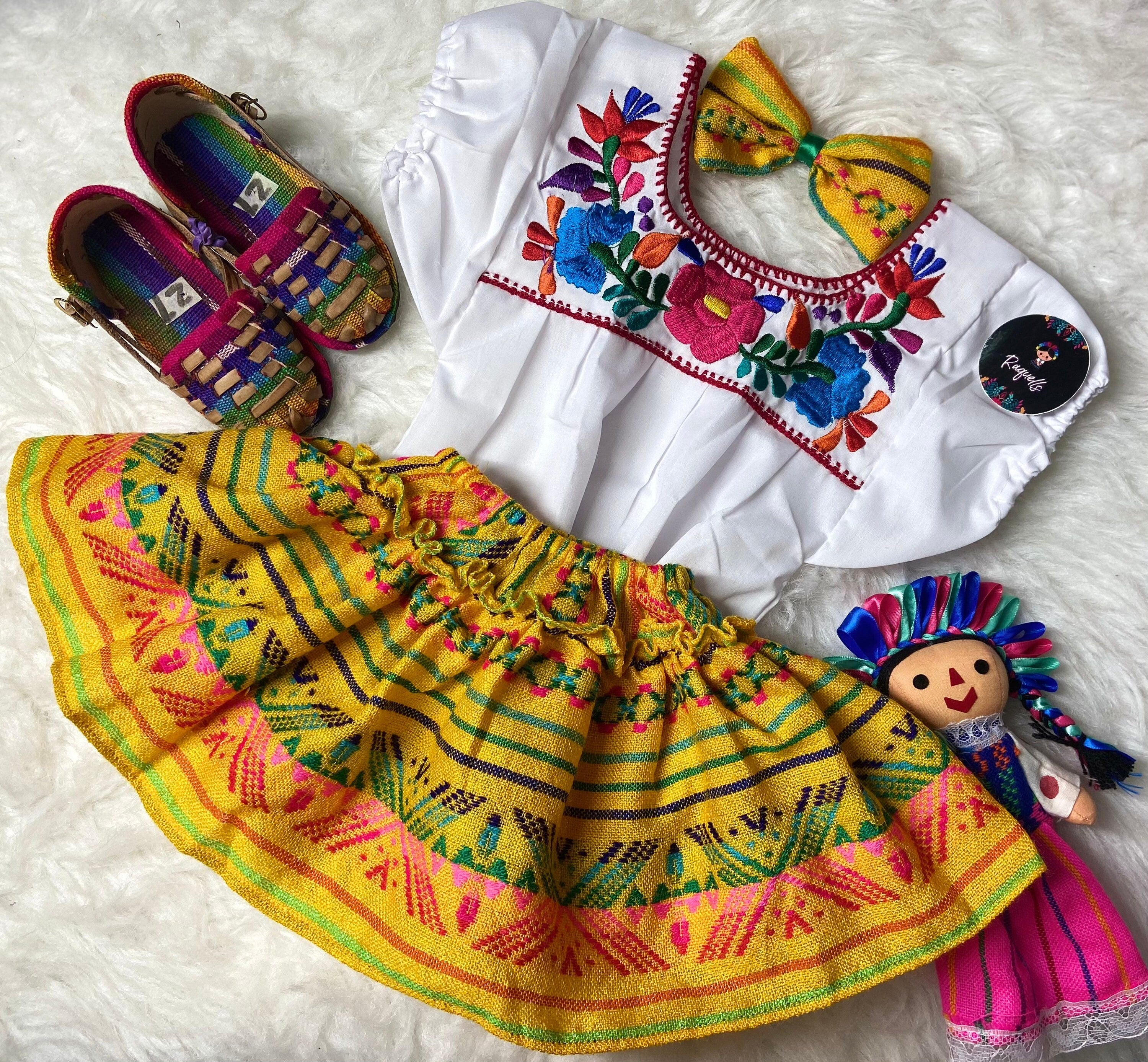 Image of 9-12 Months Baby Fiesta 3 piece Outfit: Sarape Bloomer, Hair bow, and Blouse - 1 year old Fiesta Outfit