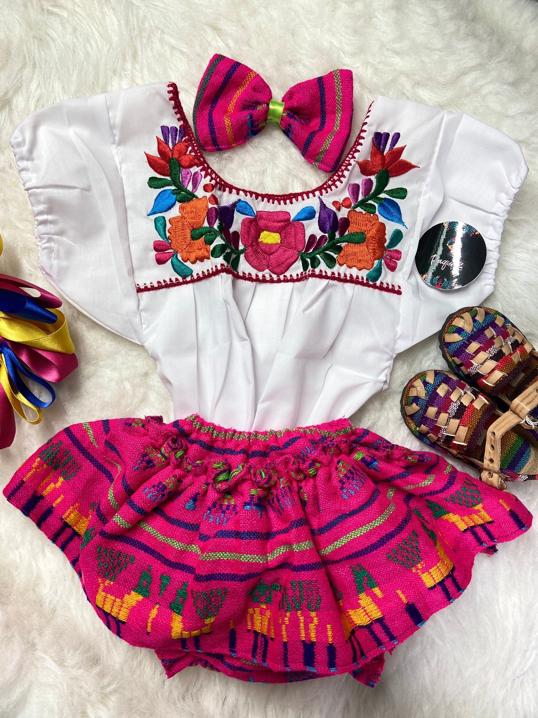 Image of Adorable 3-Piece Baby Fiesta Outfit - Sarape Bloomers, Top and Hairbow, 6-9 Months Baby Sarape Bloomer - Summer Fiesta baby outfit.