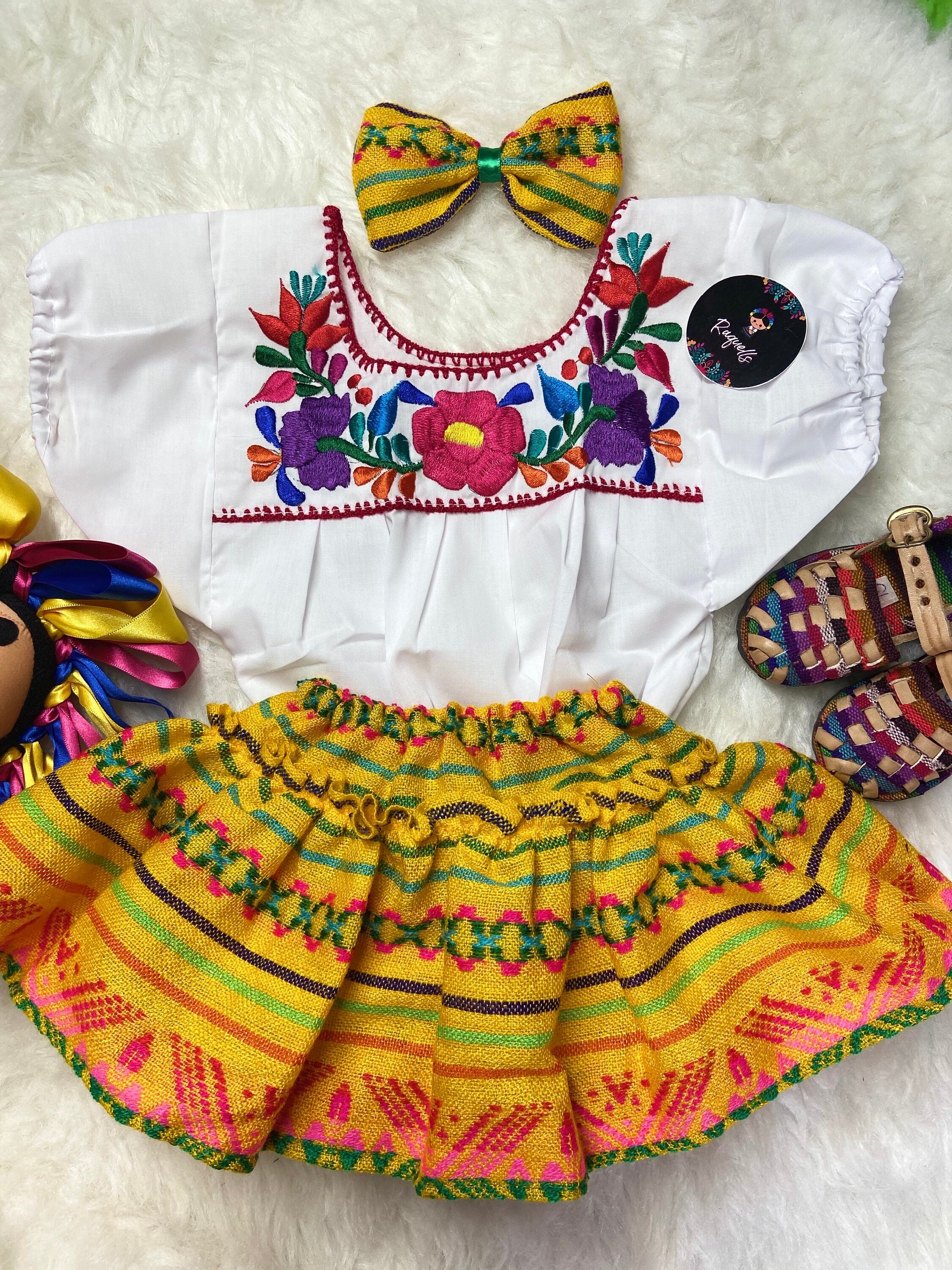 Image of Adorable 3-Piece Baby Fiesta Outfit - Sarape Bloomers, Top and Hairbow, 6-9 Months Baby Sarape Bloomer - Summer Fiesta baby outfit.