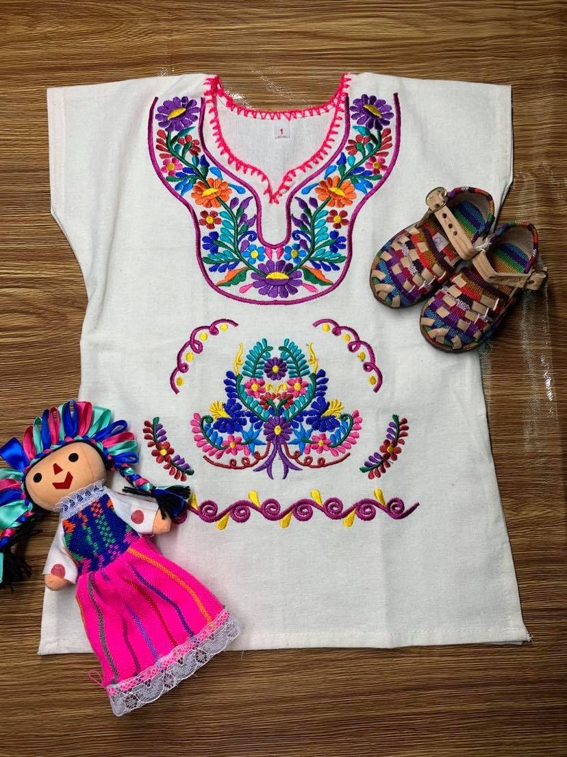 Image of Mexican Floral Embroidered Girls Dress - Handcrafted Floral Dress