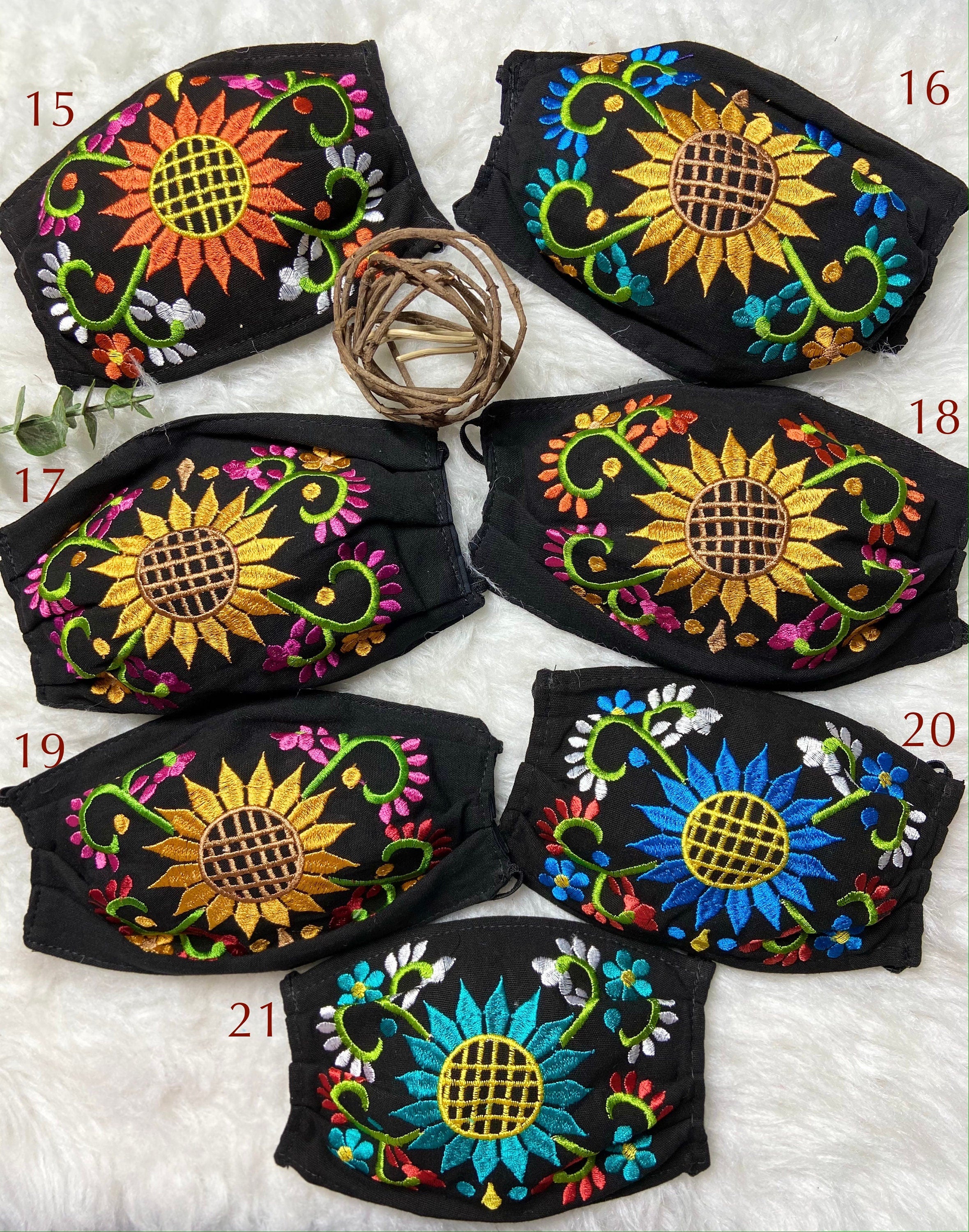 Colorful Embroidered Sunflower Face Masks - Mexican Handmade Face Masks