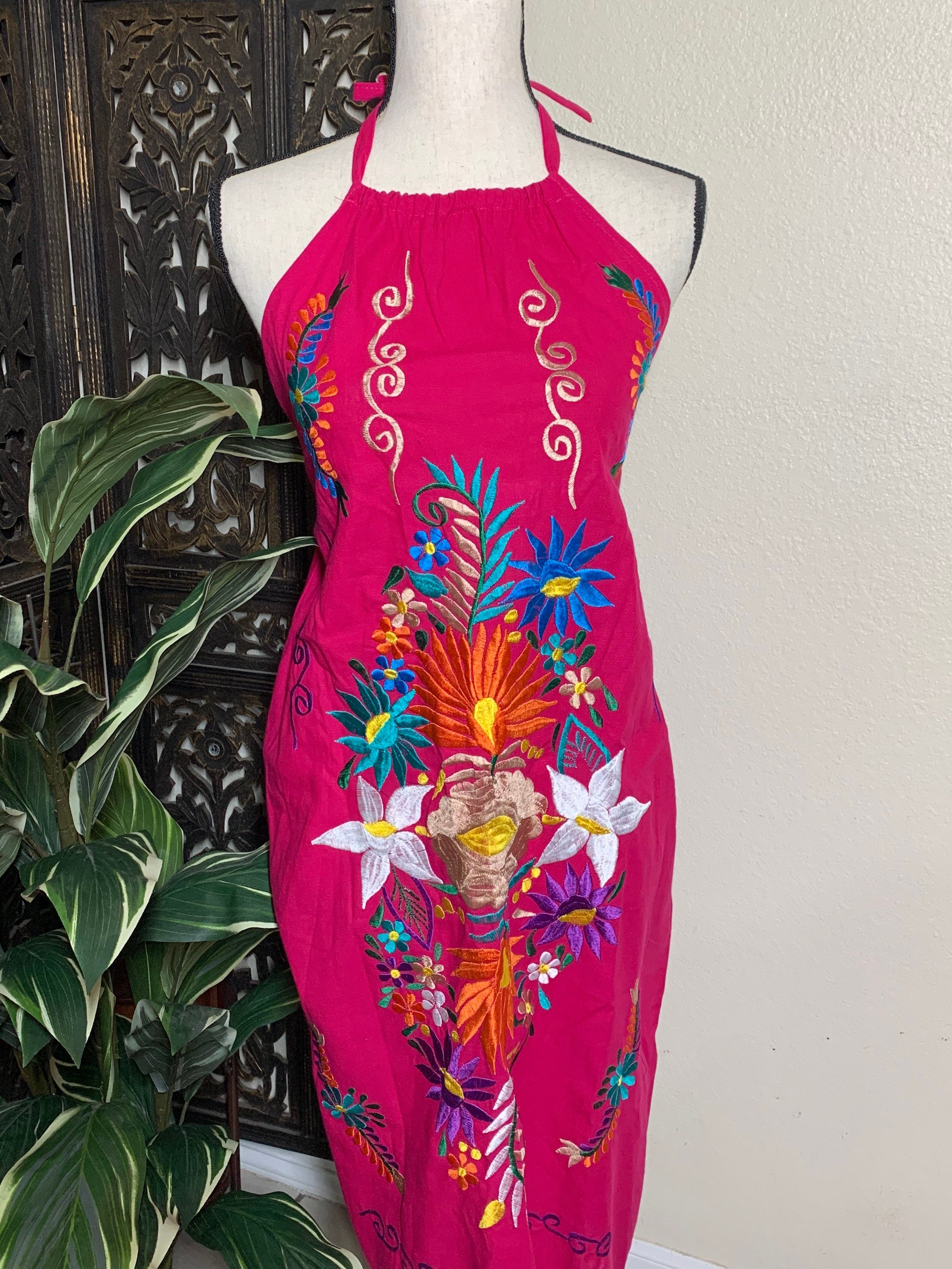 Image of Mexican Halter Dress- Embroidered Artisanal Halter Dress - Mexican Sun Dress Size Small