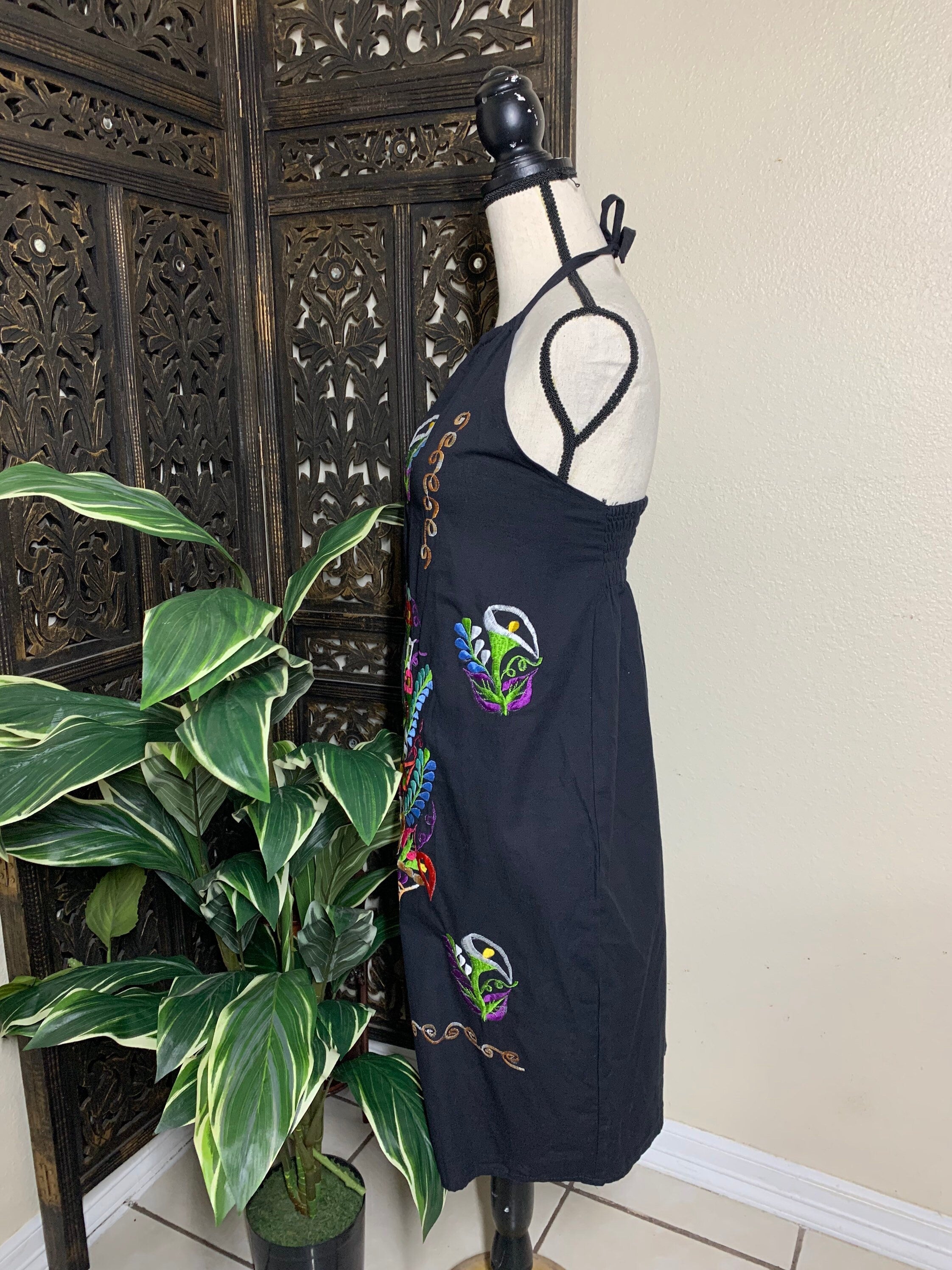 Image of Mexican Halter Dress- Embroidered Artisanal Halter Dress - Mexican Sun Dress Size Small