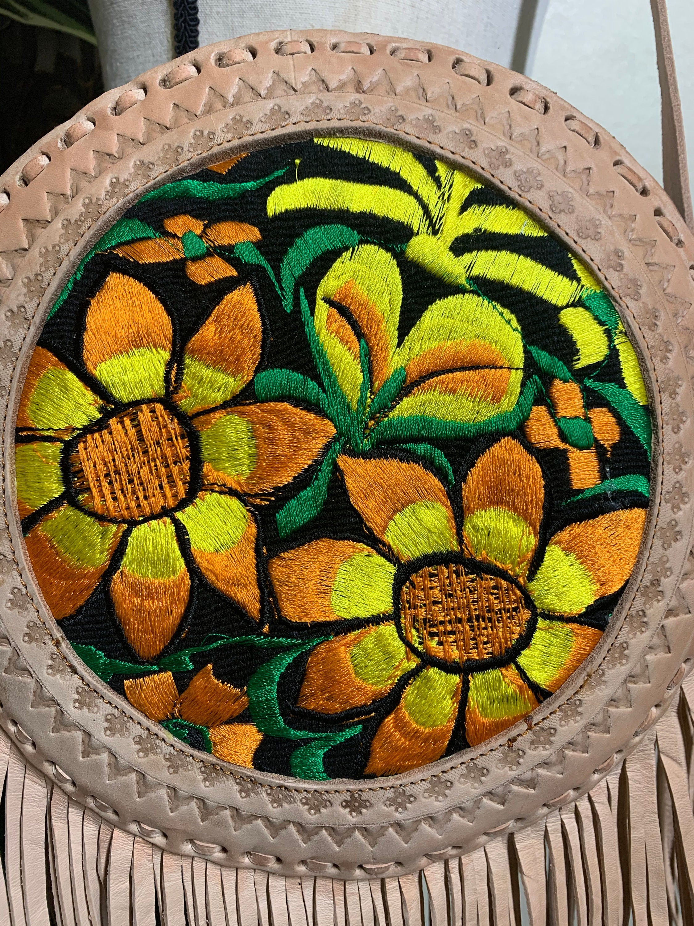 Image of Double Sided Leather Round Purses - Embroidered Genuine Leather Bag