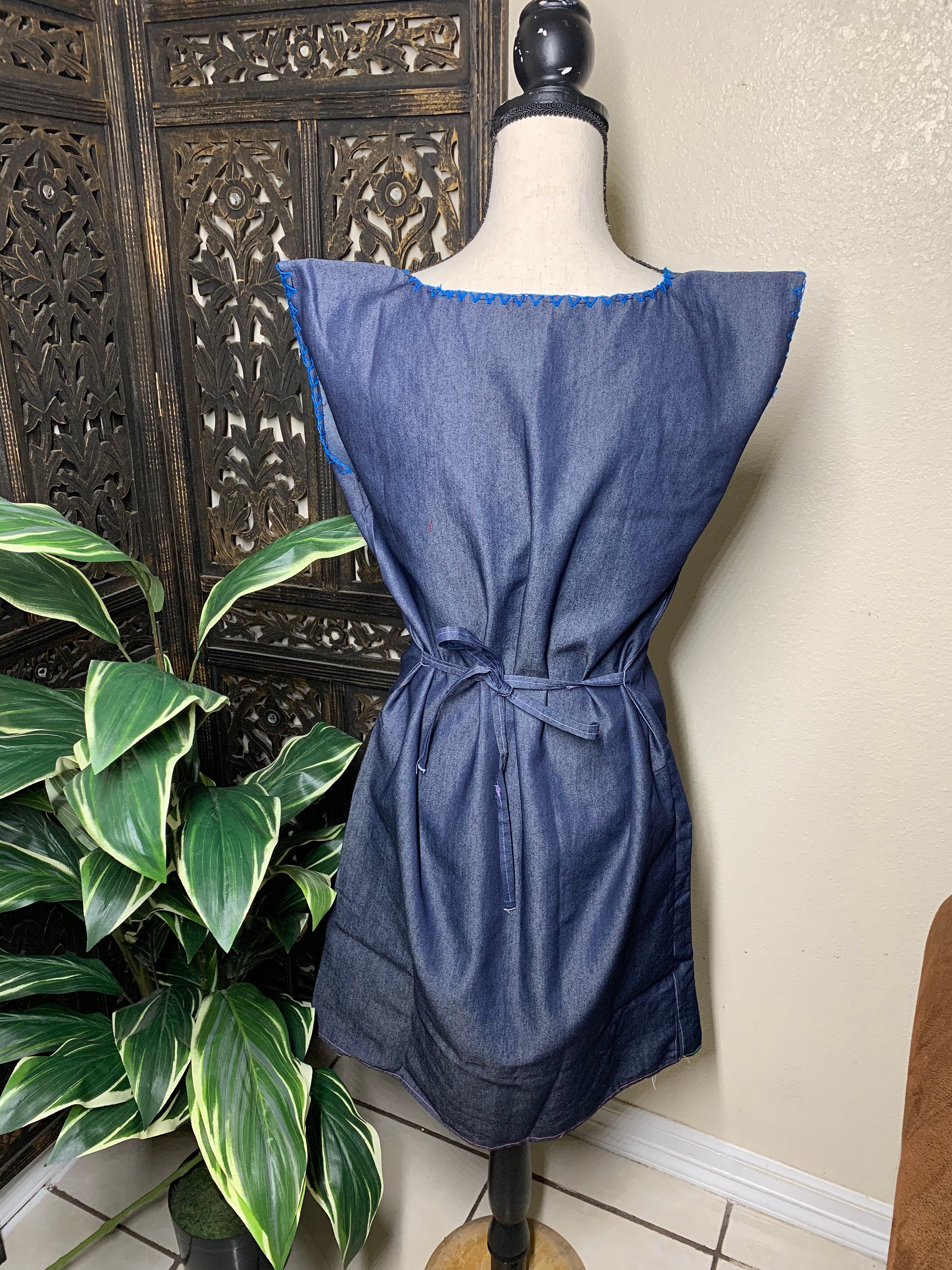 Image of Hand Embroidered Denim Dress - Artisan Made Denim Floral Dress