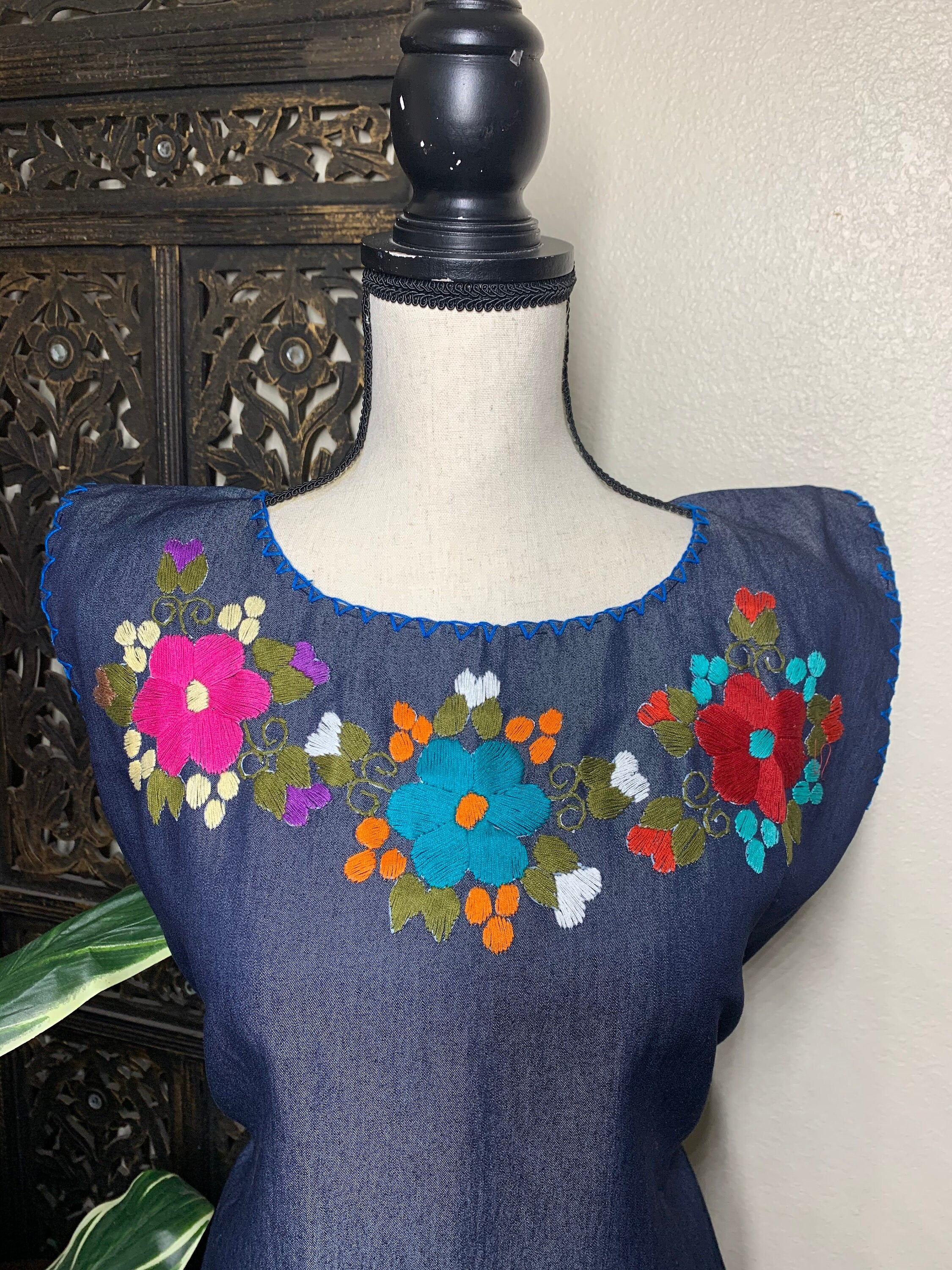 Hand Embroidered Denim Dress - Artisan Made Denim Floral Dress
